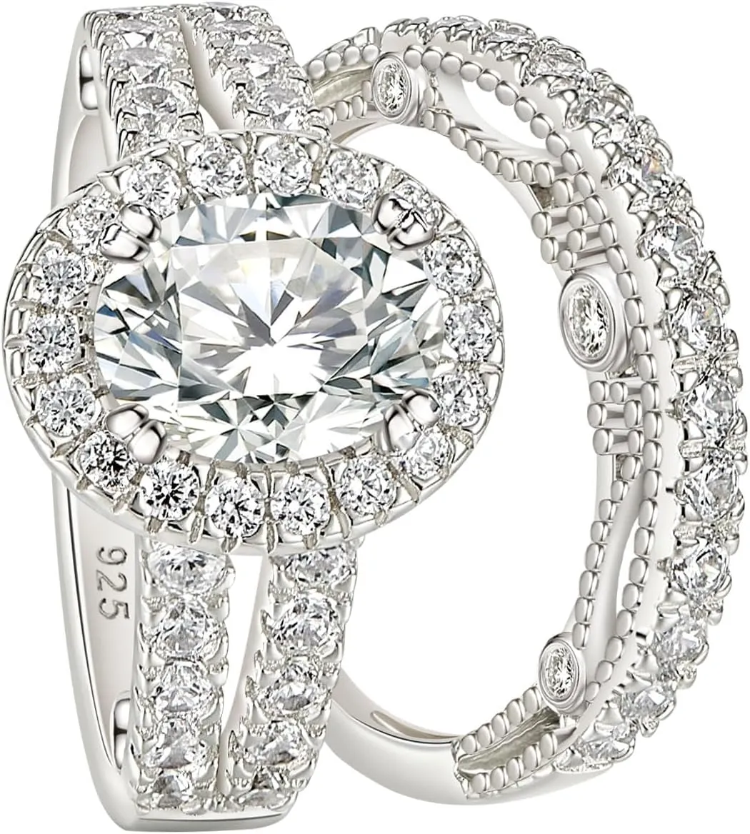 Wuziwen 4 Carats Oval Cut Wedding Engagement Rings for Women 925 Sterling Silver Ring Sets for Her Cubic Zirconia