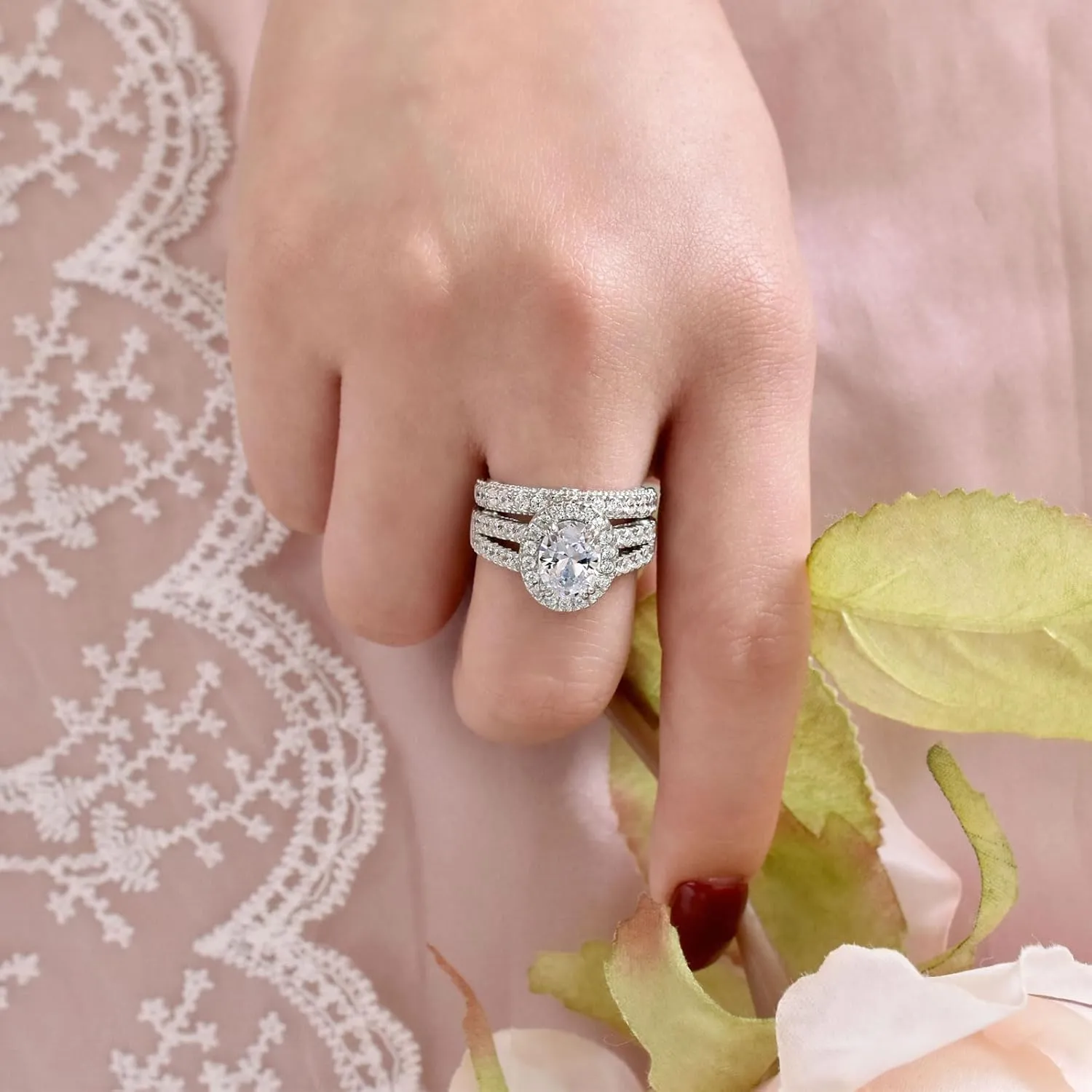 Wuziwen 4 Carats Oval Cut Wedding Engagement Rings for Women 925 Sterling Silver Ring Sets for Her Cubic Zirconia
