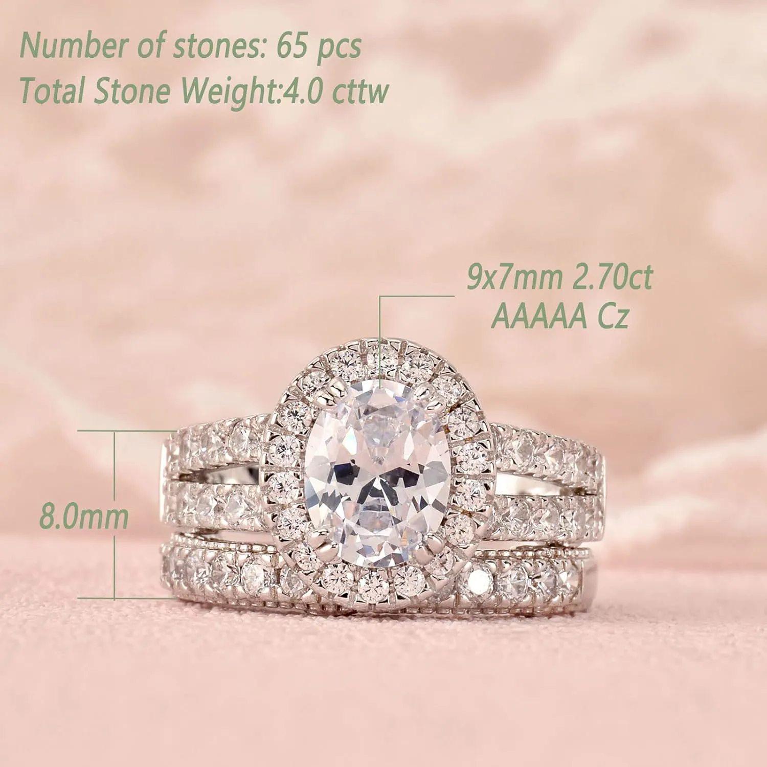 Wuziwen 4 Carats Oval Cut Wedding Engagement Rings for Women 925 Sterling Silver Ring Sets for Her Cubic Zirconia