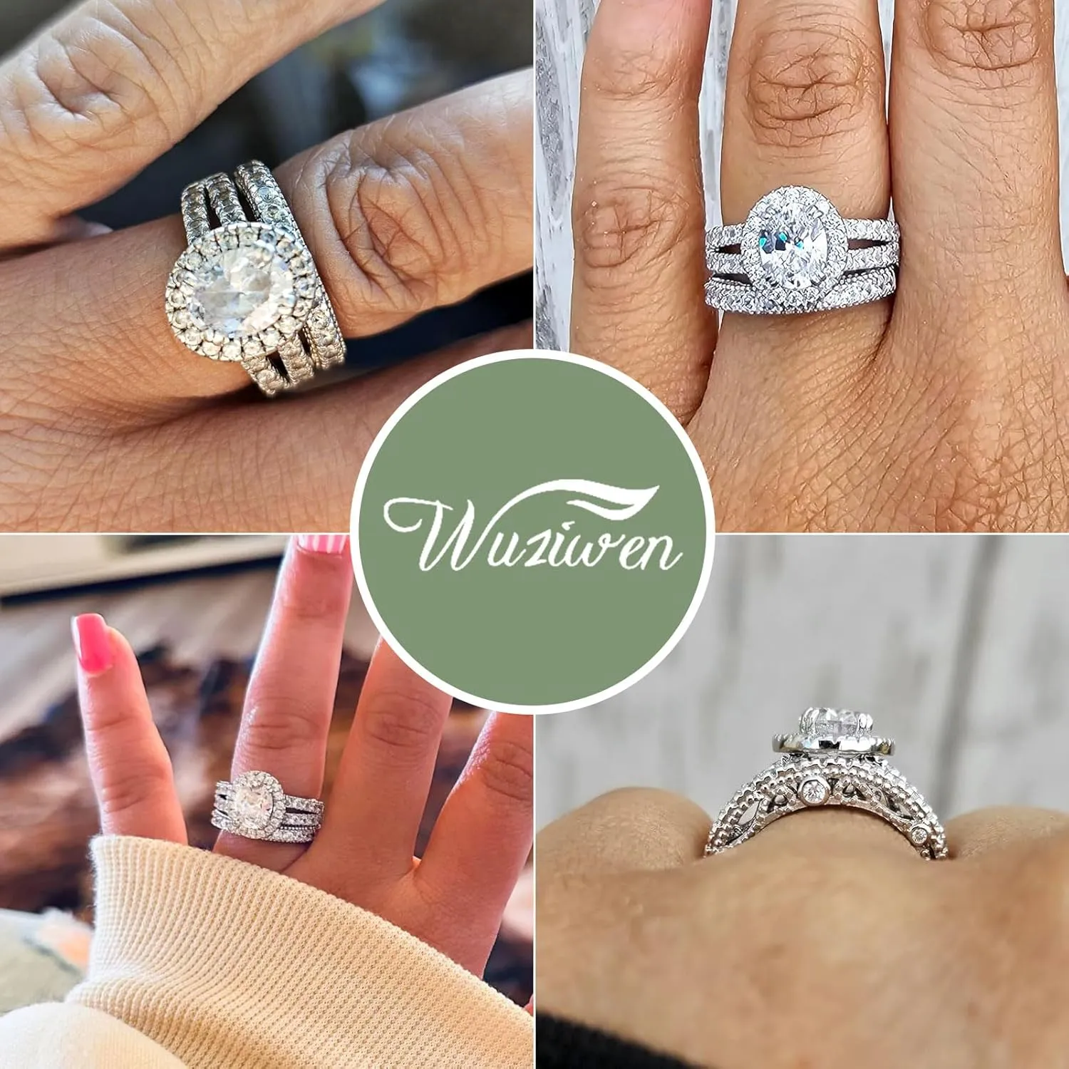 Wuziwen 4 Carats Oval Cut Wedding Engagement Rings for Women 925 Sterling Silver Ring Sets for Her Cubic Zirconia