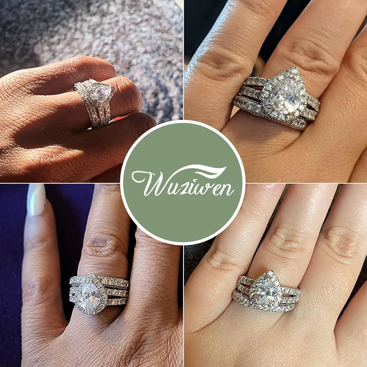 Wuziwen 4 Carats Wedding Engagement Ring Set for Women 925 Sterling Silver Cubic Zirconia Size 4-13