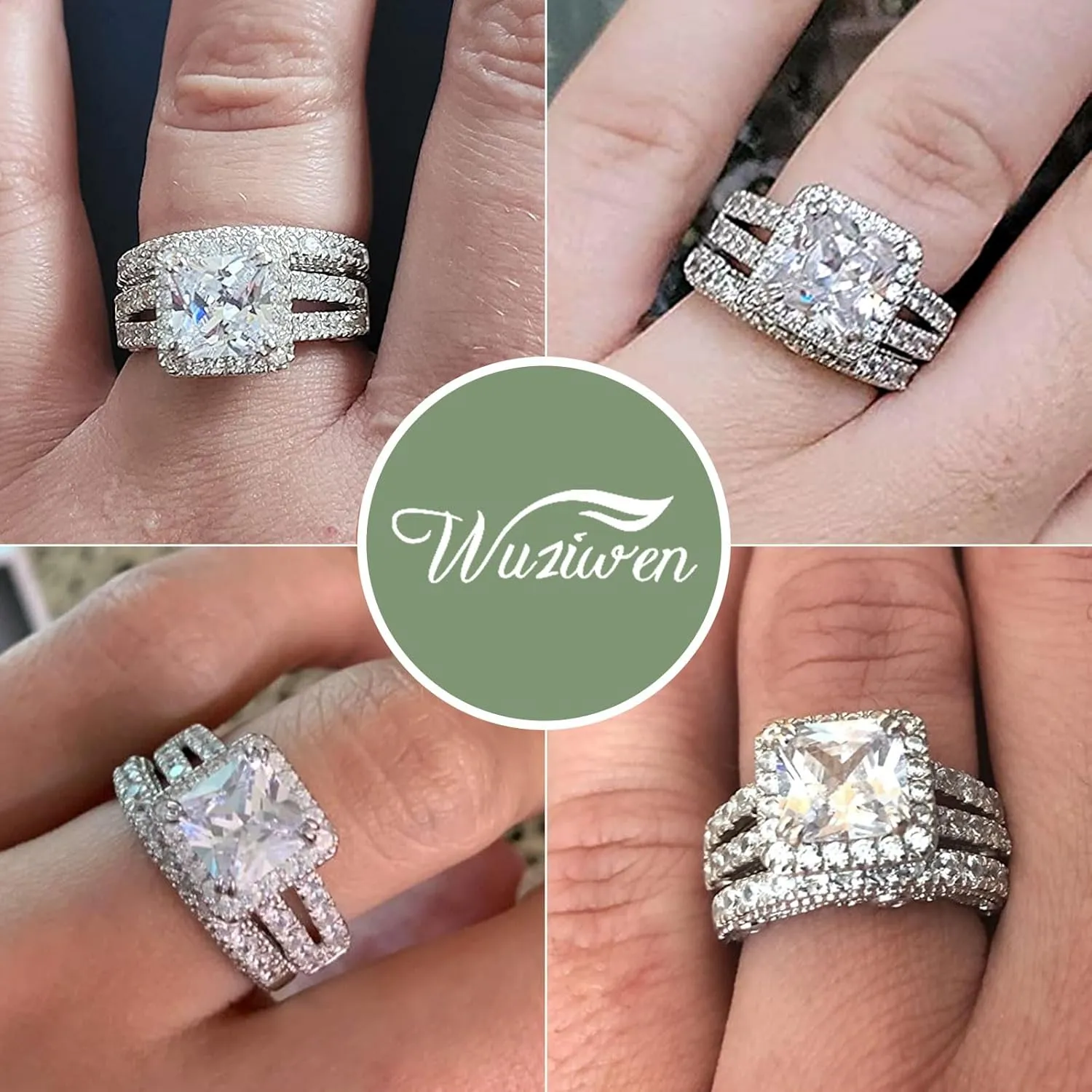 Wuziwen 4Ct Engagement Rings for Women Sterling Silver Cubic Zirconia Wedding Bridal Ring Set Size 4-13