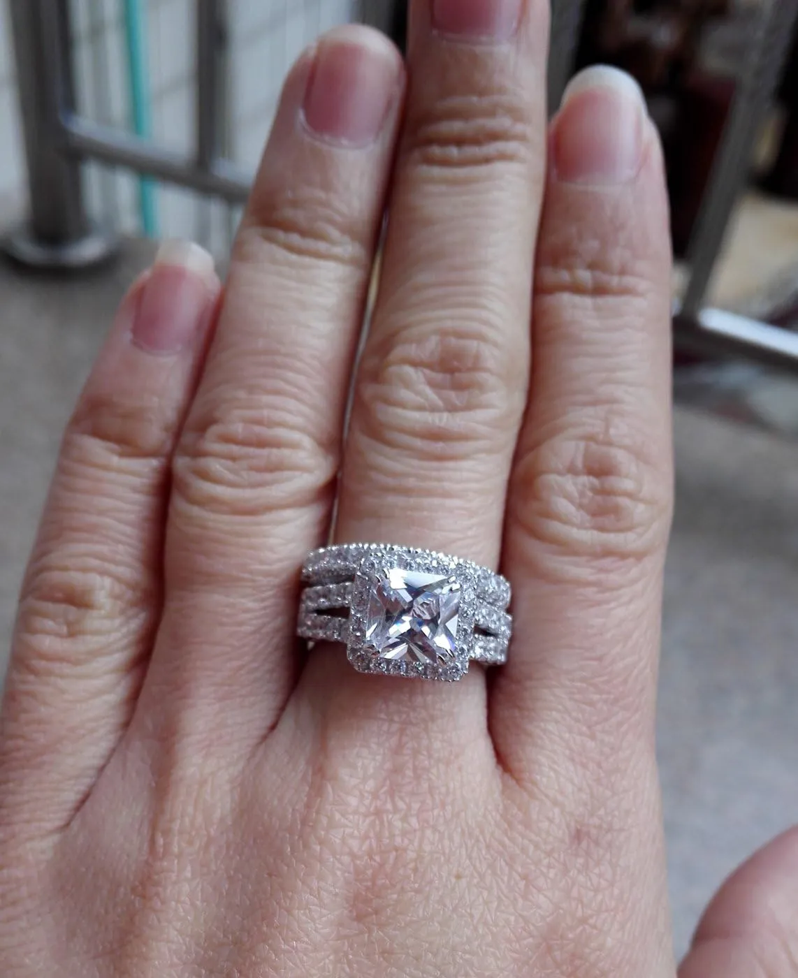 Wuziwen 4Ct Engagement Rings for Women Sterling Silver Cubic Zirconia Wedding Bridal Ring Set Size 4-13