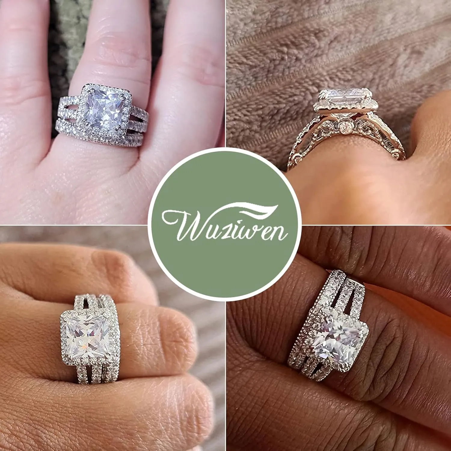 Wuziwen 4Ct Engagement Rings for Women Sterling Silver Cubic Zirconia Wedding Bridal Ring Set Size 4-13