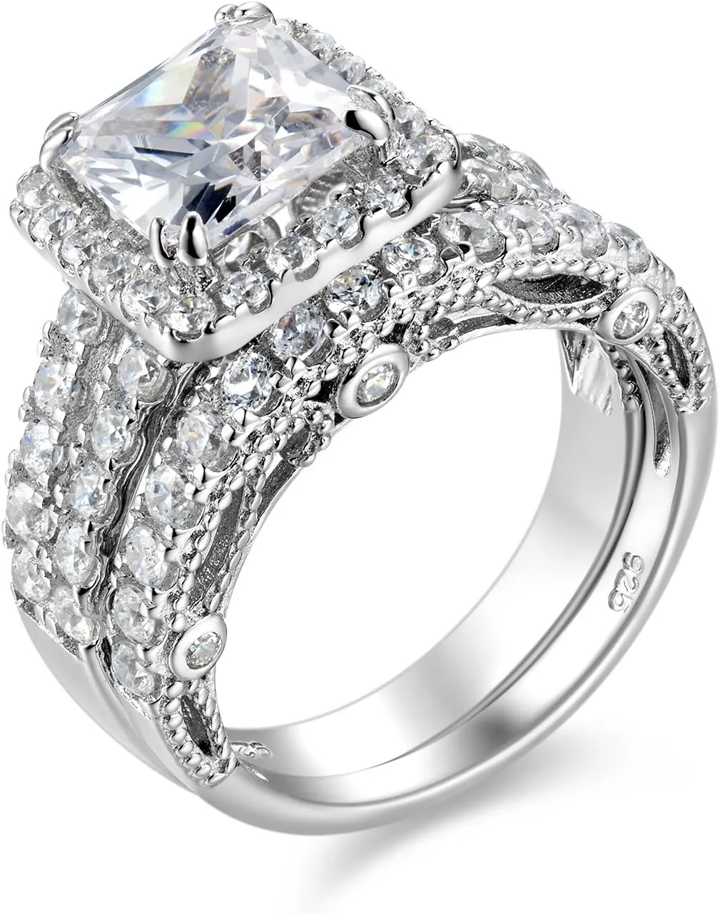 Wuziwen 4Ct Engagement Rings for Women Sterling Silver Cubic Zirconia Wedding Bridal Ring Set Size 4-13