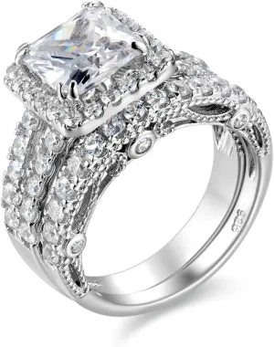Wuziwen 4Ct Engagement Rings for Women Sterling Silver Cubic Zirconia Wedding Bridal Ring Set Size 4-13