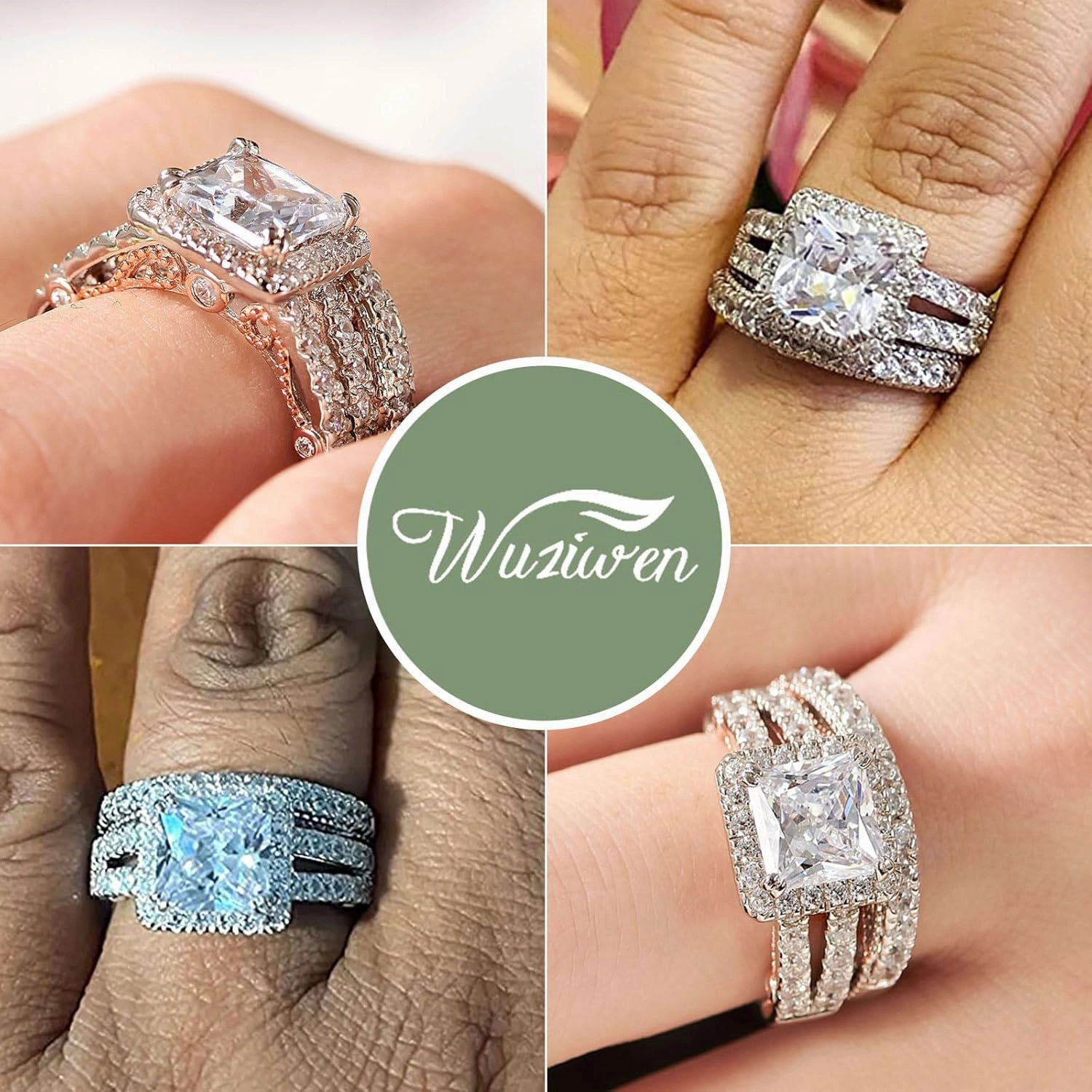 Wuziwen 4Ct Engagement Rings for Women Sterling Silver Cubic Zirconia Wedding Bridal Ring Set Size 4-13