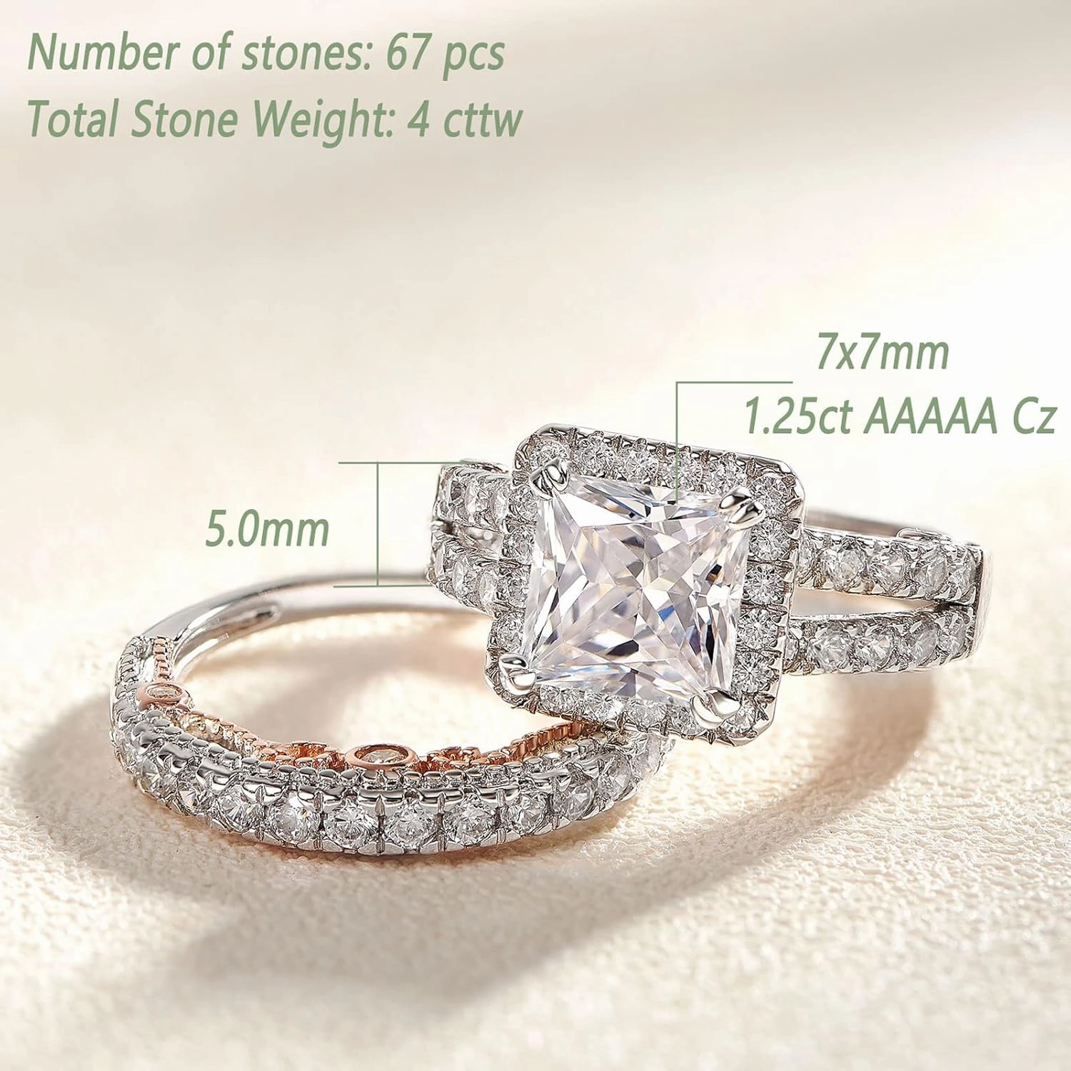 Wuziwen 4Ct Engagement Rings for Women Sterling Silver Cubic Zirconia Wedding Bridal Ring Set Size 4-13