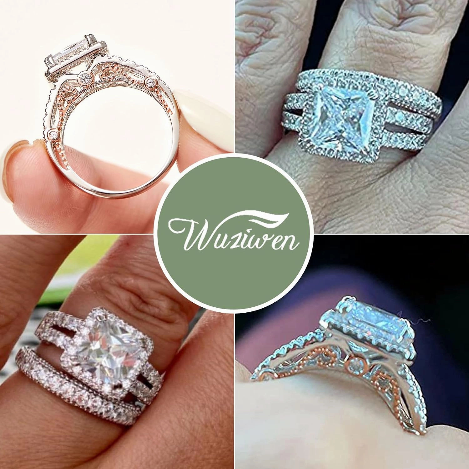 Wuziwen 4Ct Engagement Rings for Women Sterling Silver Cubic Zirconia Wedding Bridal Ring Set Size 4-13