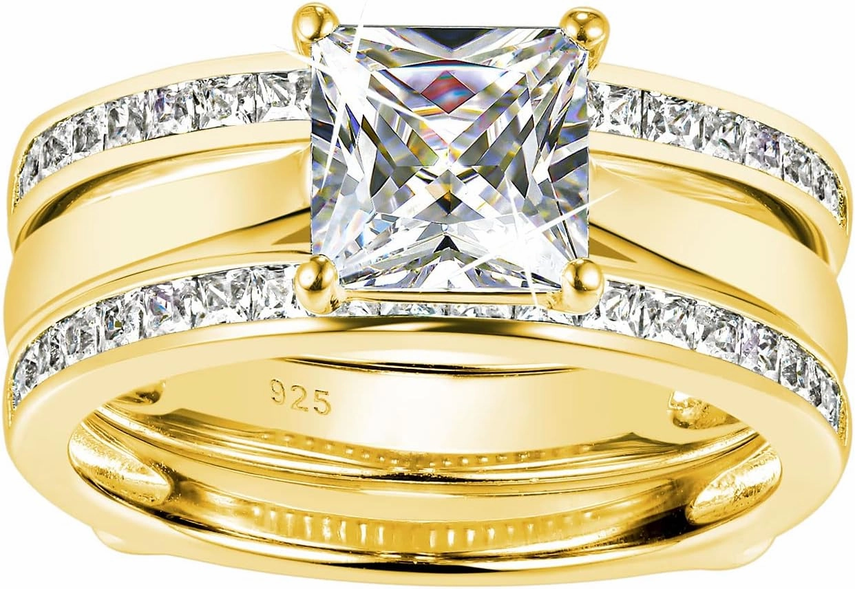 Wuziwen Princess Bridal Ring Set for Women Wedding Band Guard Enhancers CZ Sterling Silver Size 4-13