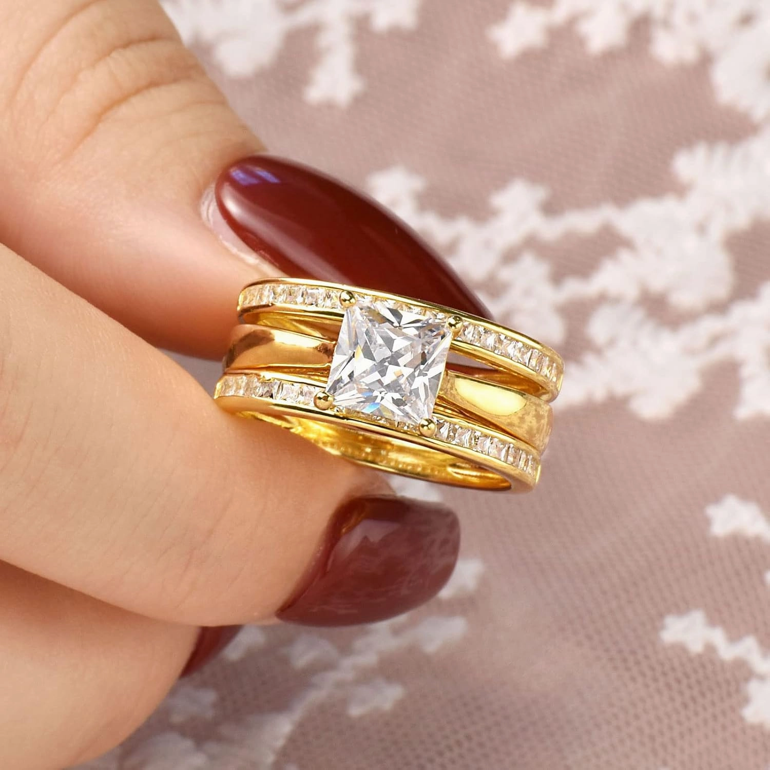 Wuziwen Princess Bridal Ring Set for Women Wedding Band Guard Enhancers CZ Sterling Silver Size 4-13