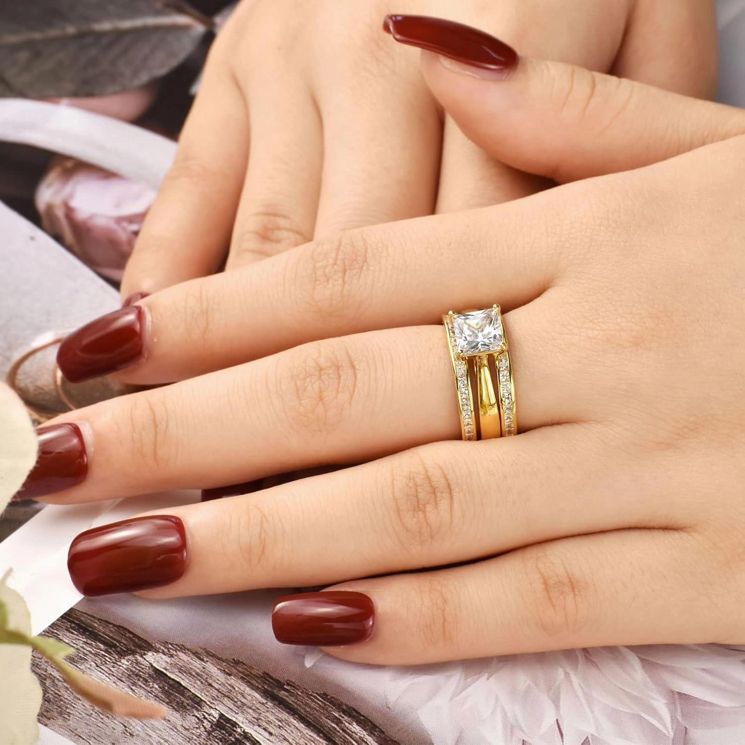 Wuziwen Princess Bridal Ring Set for Women Wedding Band Guard Enhancers CZ Sterling Silver Size 4-13
