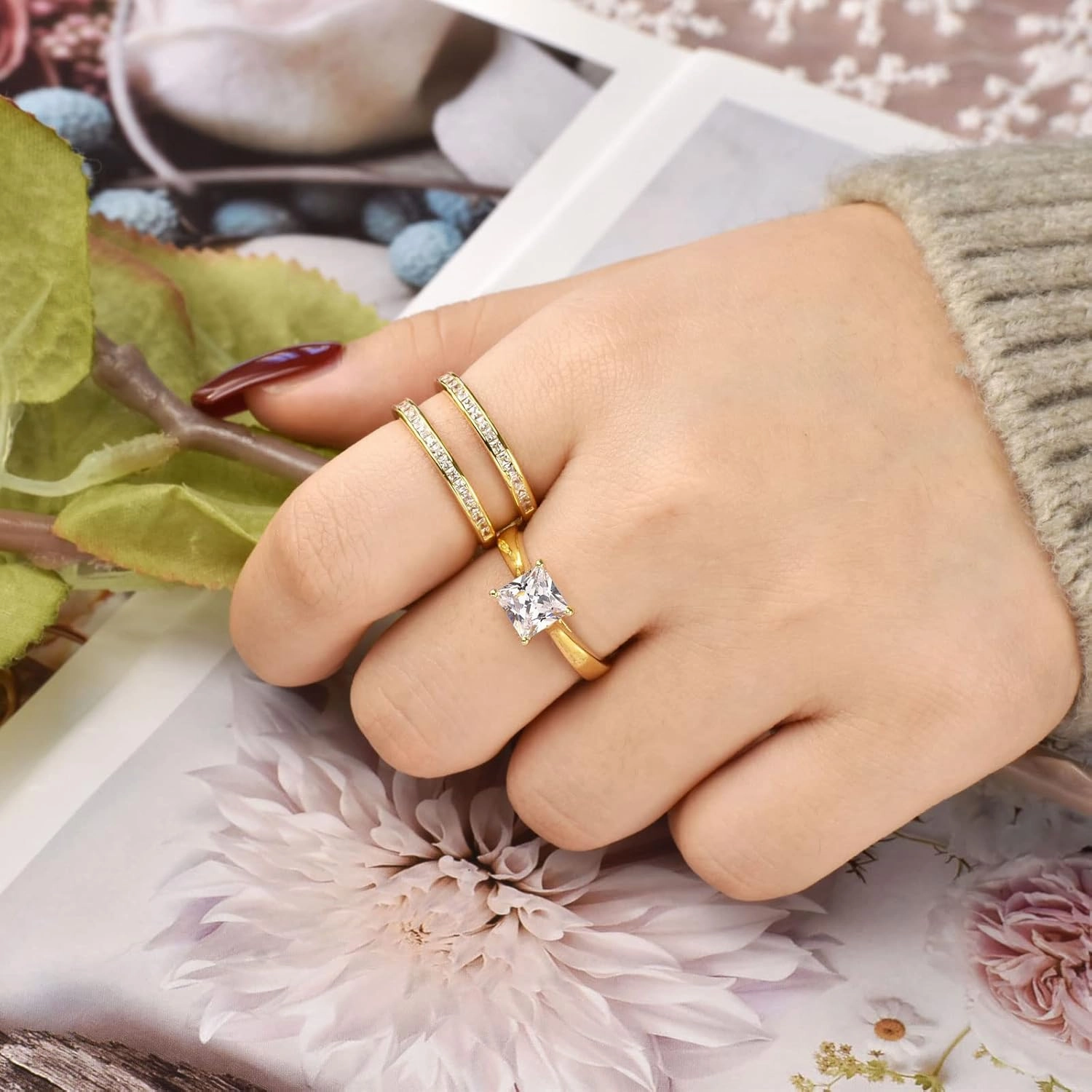 Wuziwen Princess Bridal Ring Set for Women Wedding Band Guard Enhancers CZ Sterling Silver Size 4-13