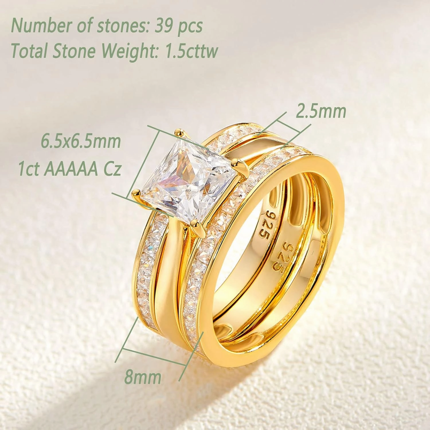 Wuziwen Princess Bridal Ring Set for Women Wedding Band Guard Enhancers CZ Sterling Silver Size 4-13