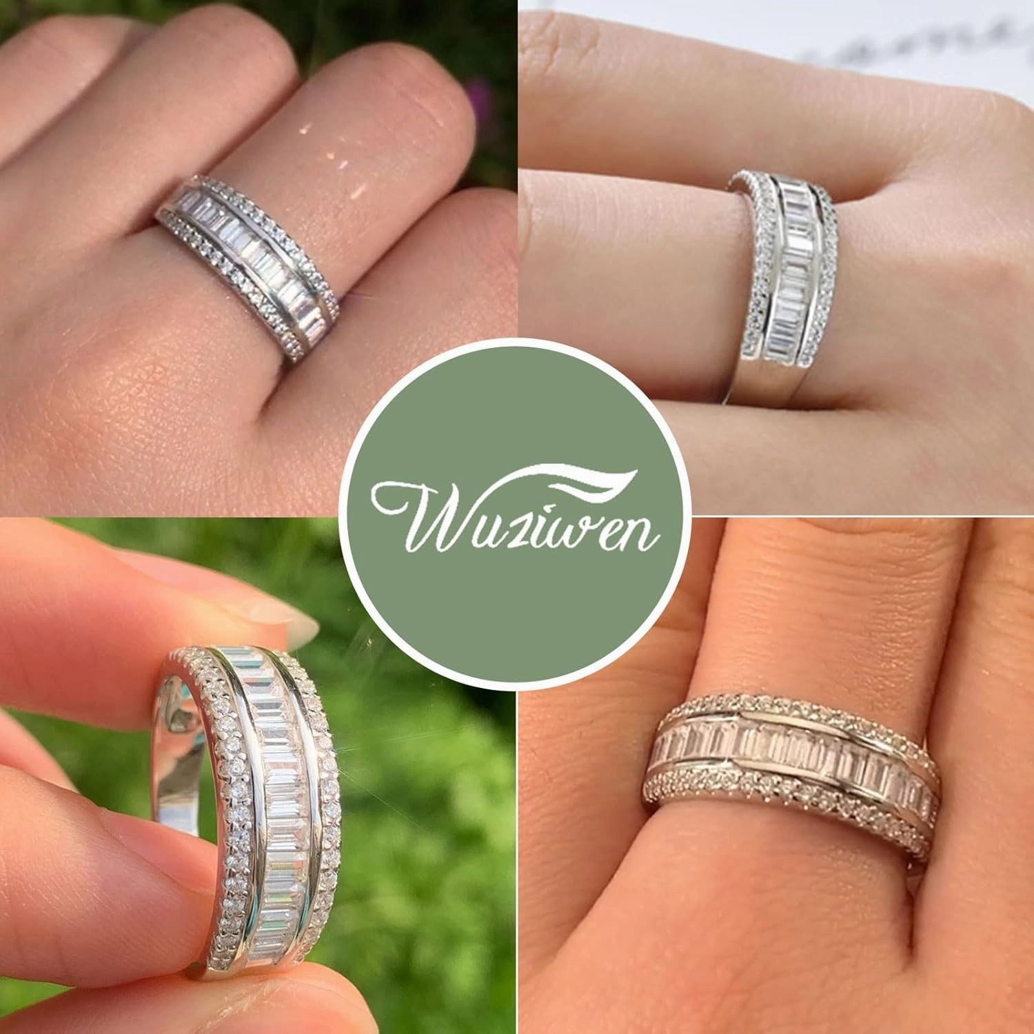 Wuziwen Women Sterling Silver Round and Baguette Eternity Ring Wedding Band for Women Cubic Zirconia Sz 5-10