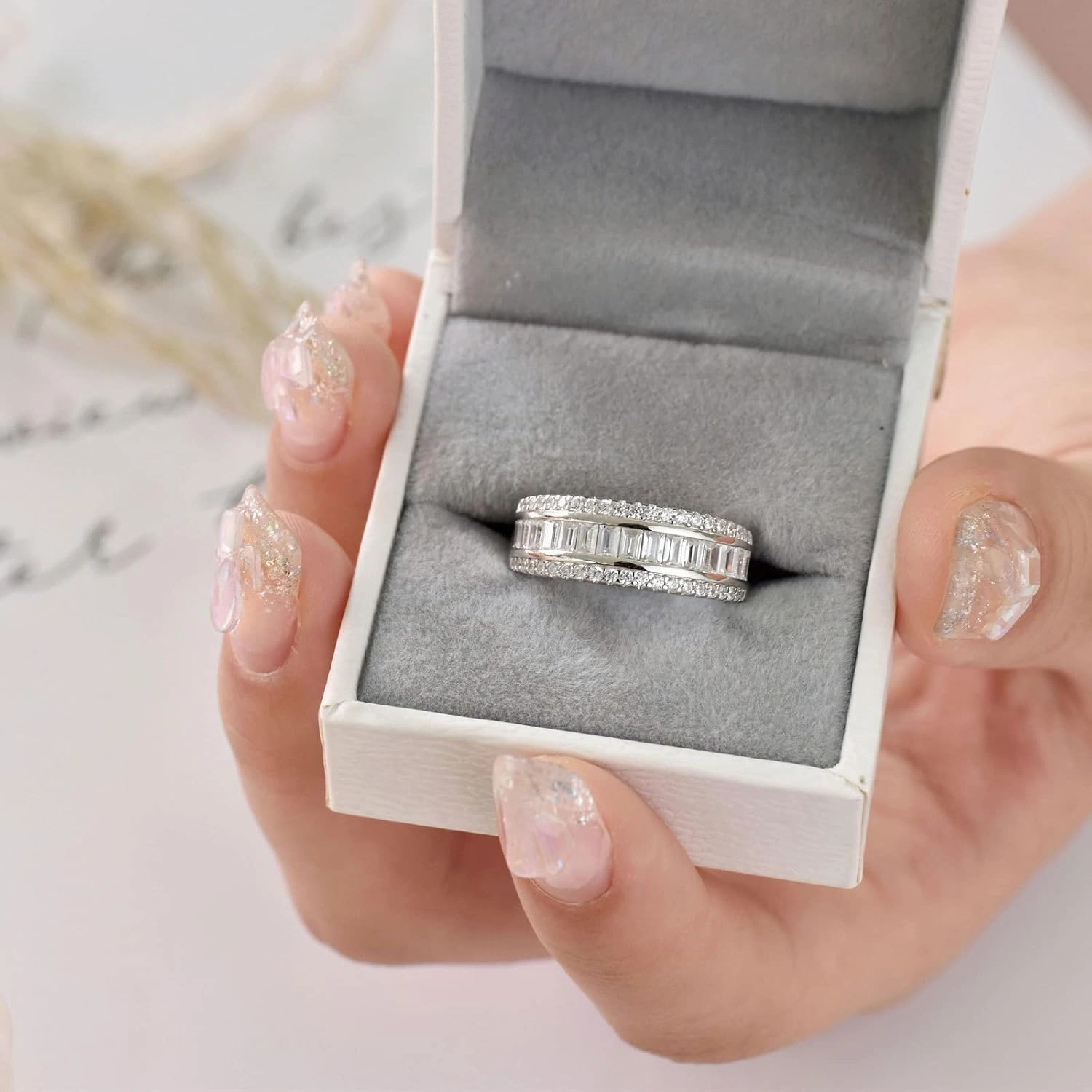 Wuziwen Women Sterling Silver Round and Baguette Eternity Ring Wedding Band for Women Cubic Zirconia Sz 5-10