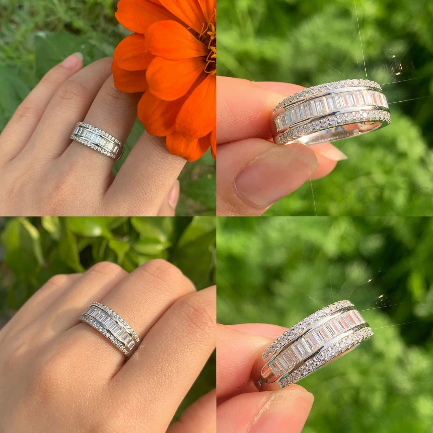 Wuziwen Women Sterling Silver Round and Baguette Eternity Ring Wedding Band for Women Cubic Zirconia Sz 5-10