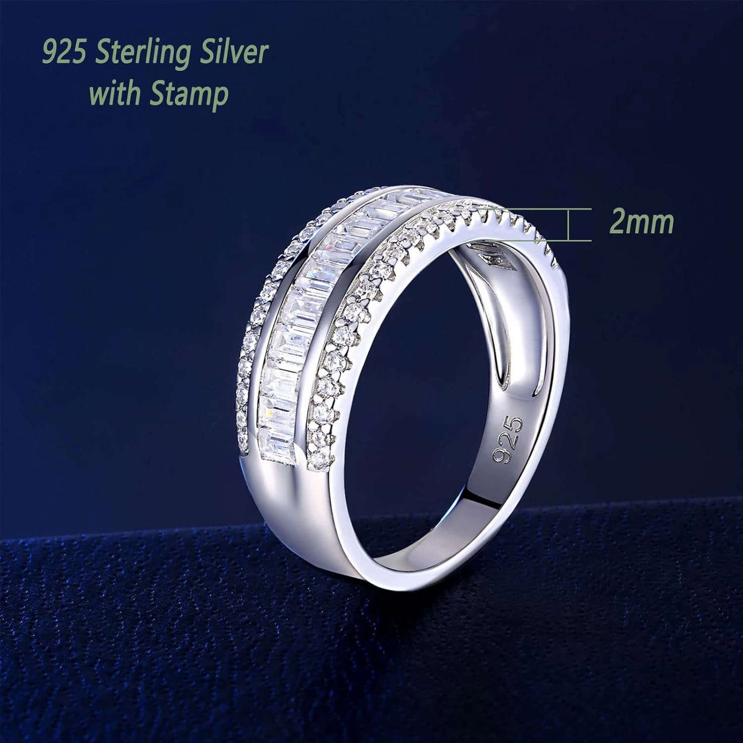 Wuziwen Women Sterling Silver Round and Baguette Eternity Ring Wedding Band for Women Cubic Zirconia Sz 5-10