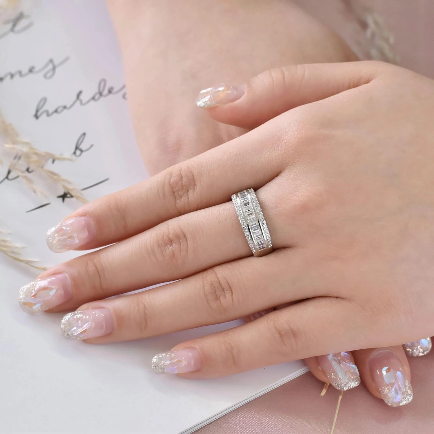 Wuziwen Women Sterling Silver Round and Baguette Eternity Ring Wedding Band for Women Cubic Zirconia Sz 5-10