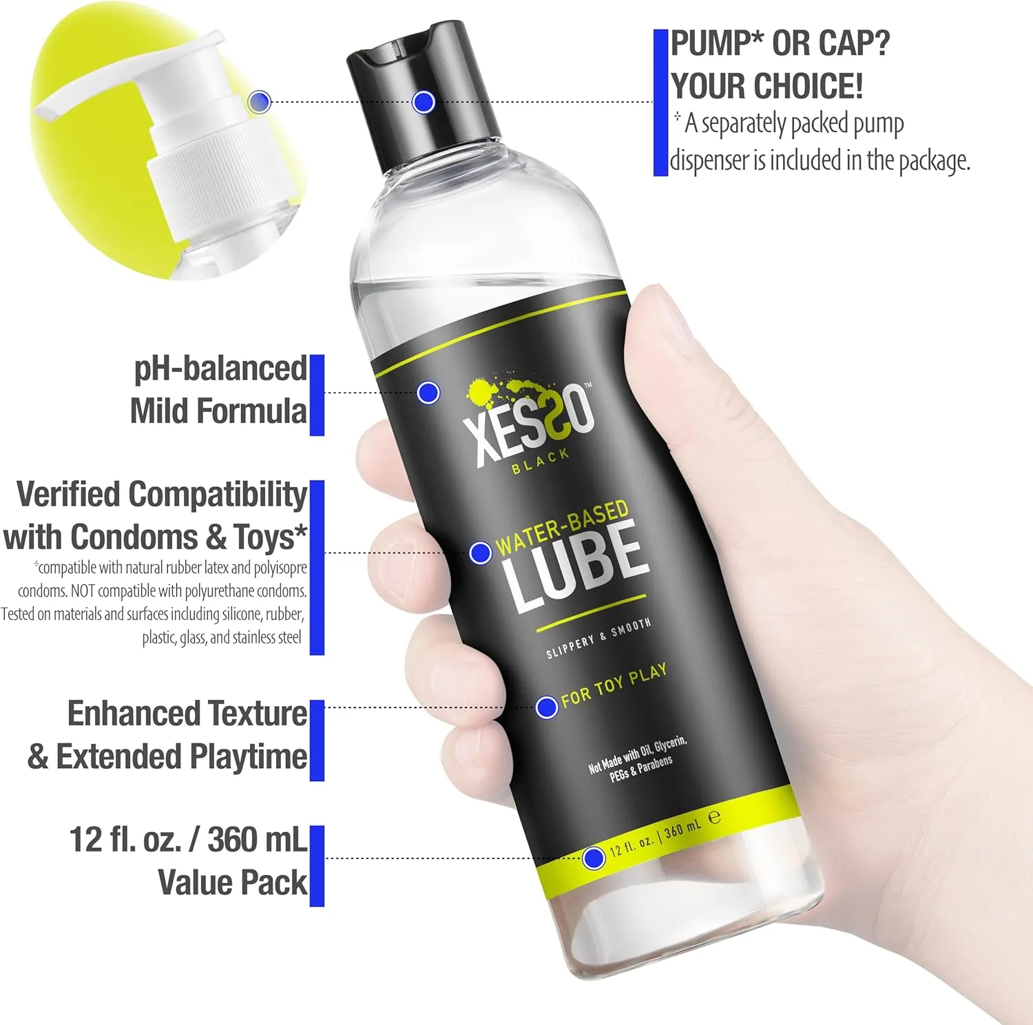 XESSO Water-Based Toy Lube 12 fl oz, Toy-Safe Personal Lubricant, All-Natural Without Glycerin & Parabens, Non-Staining, Slippery Massage Gel for Women, Men, Couples. Discreet Packaging
