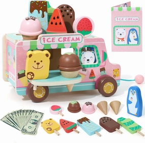XIAPIA Ice Cream Toys for Girls, Wooden Ice Cream Cart, Pretend Play Toys for 1 2 3 Year Old, Play Food Truck Store for Toddlers 1-3, Boys Ice Lolly Shop Playset, Birthday Gifts for Baby 12-18 Month