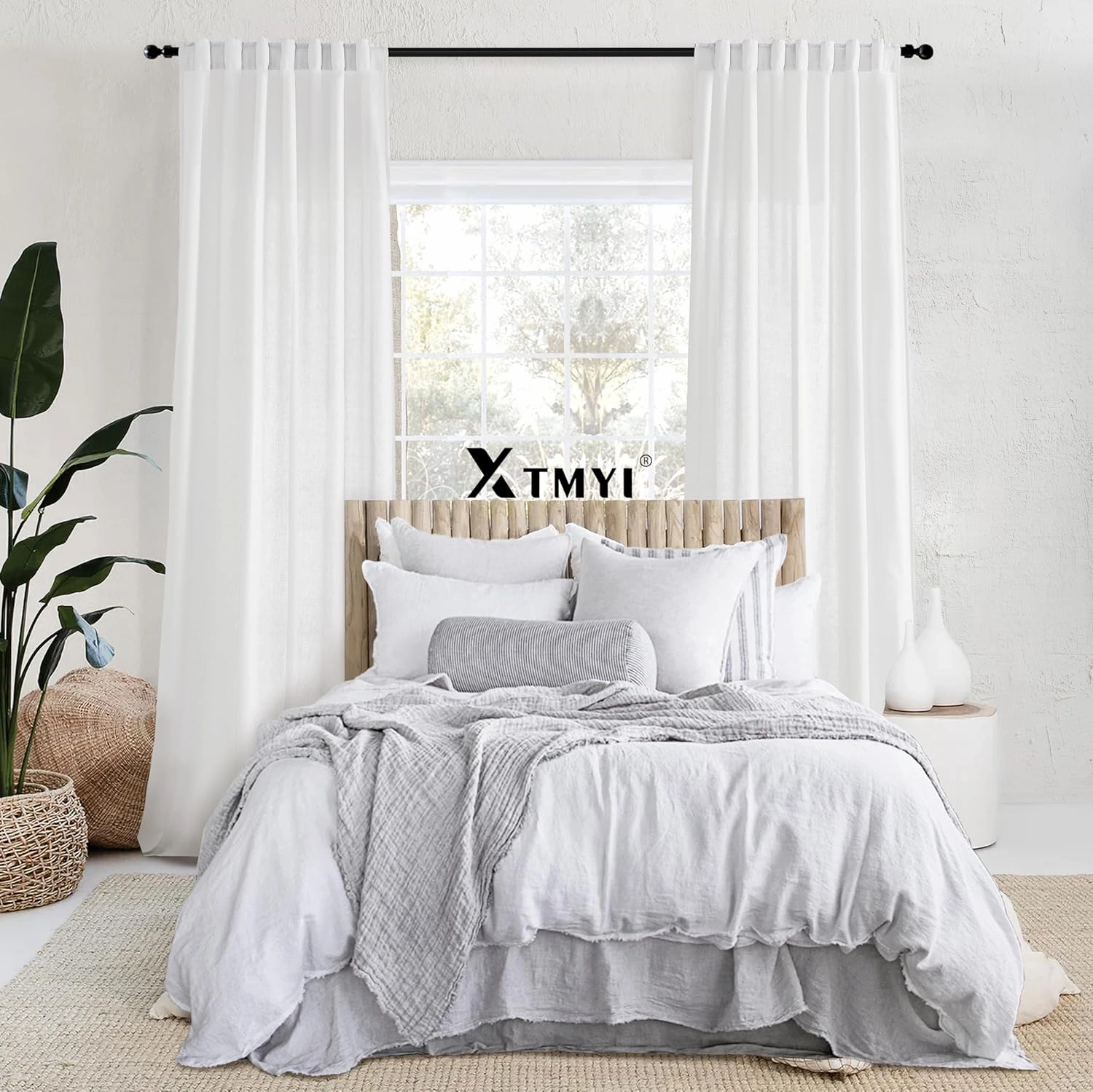 XTMYI White Curtains 90 Inches Long for Living Room 2 Panels Set Hook Tape Back Tab Linen Curtains for Bedroom,50x90 in Length