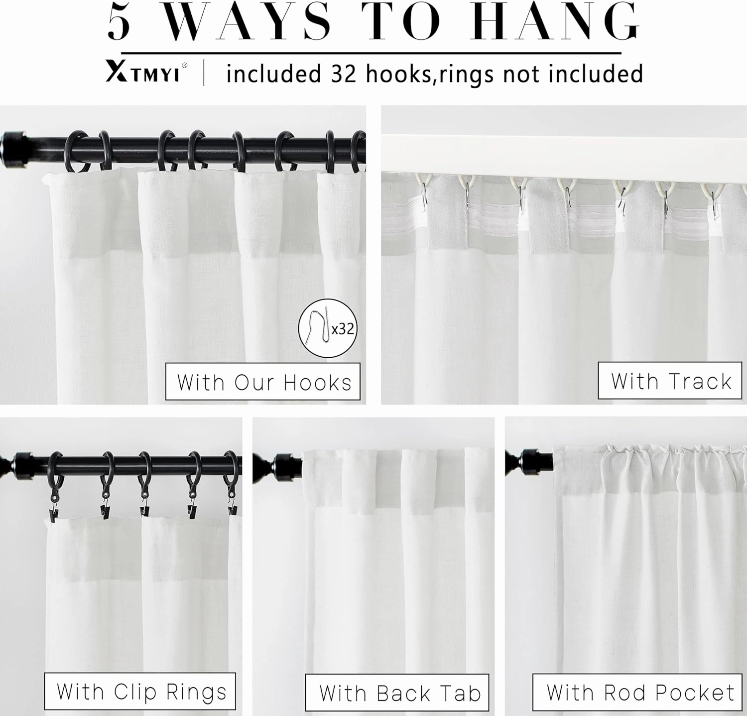 XTMYI White Curtains 90 Inches Long for Living Room 2 Panels Set Hook Tape Back Tab Linen Curtains for Bedroom,50x90 in Length