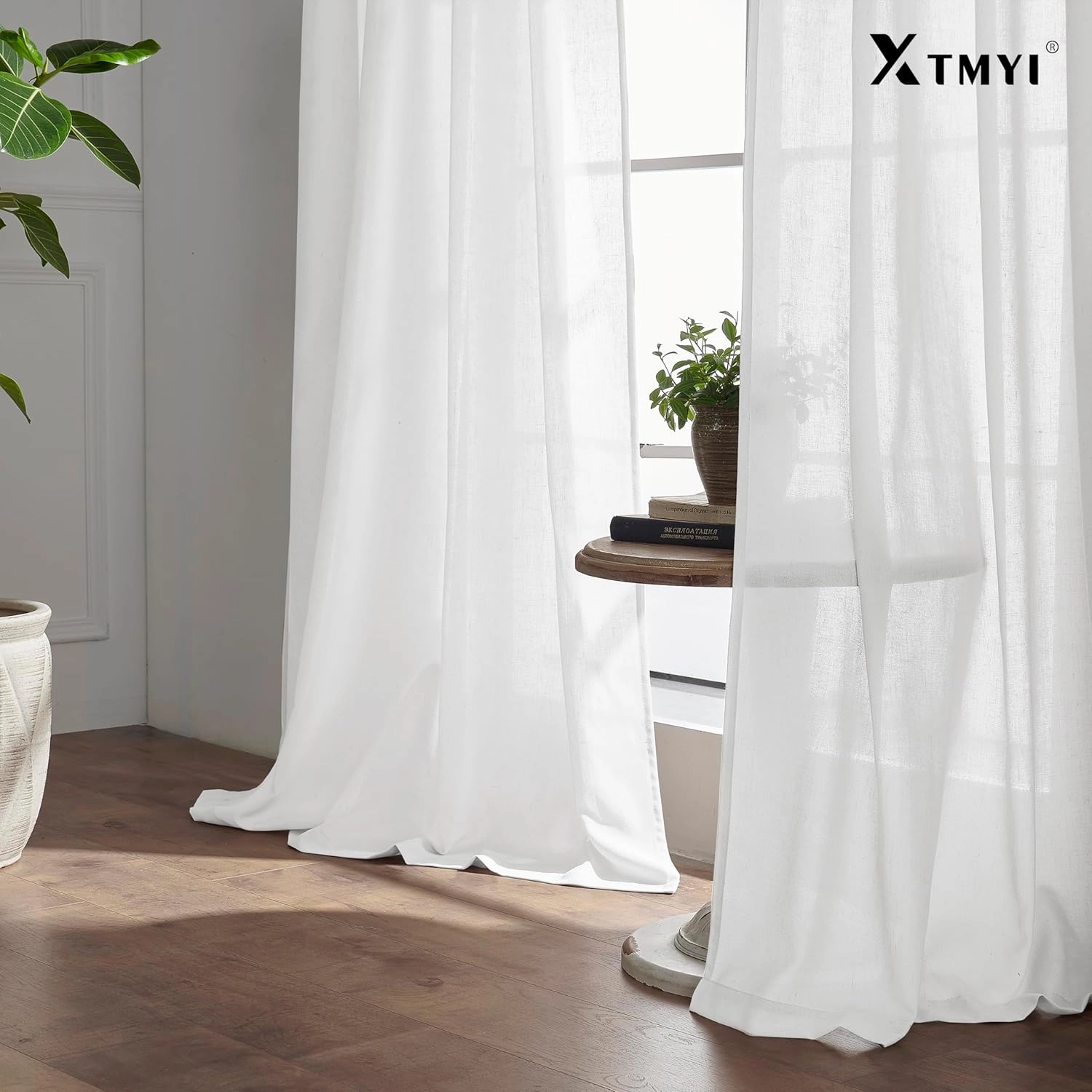 XTMYI White Curtains 90 Inches Long for Living Room 2 Panels Set Hook Tape Back Tab Linen Curtains for Bedroom,50x90 in Length