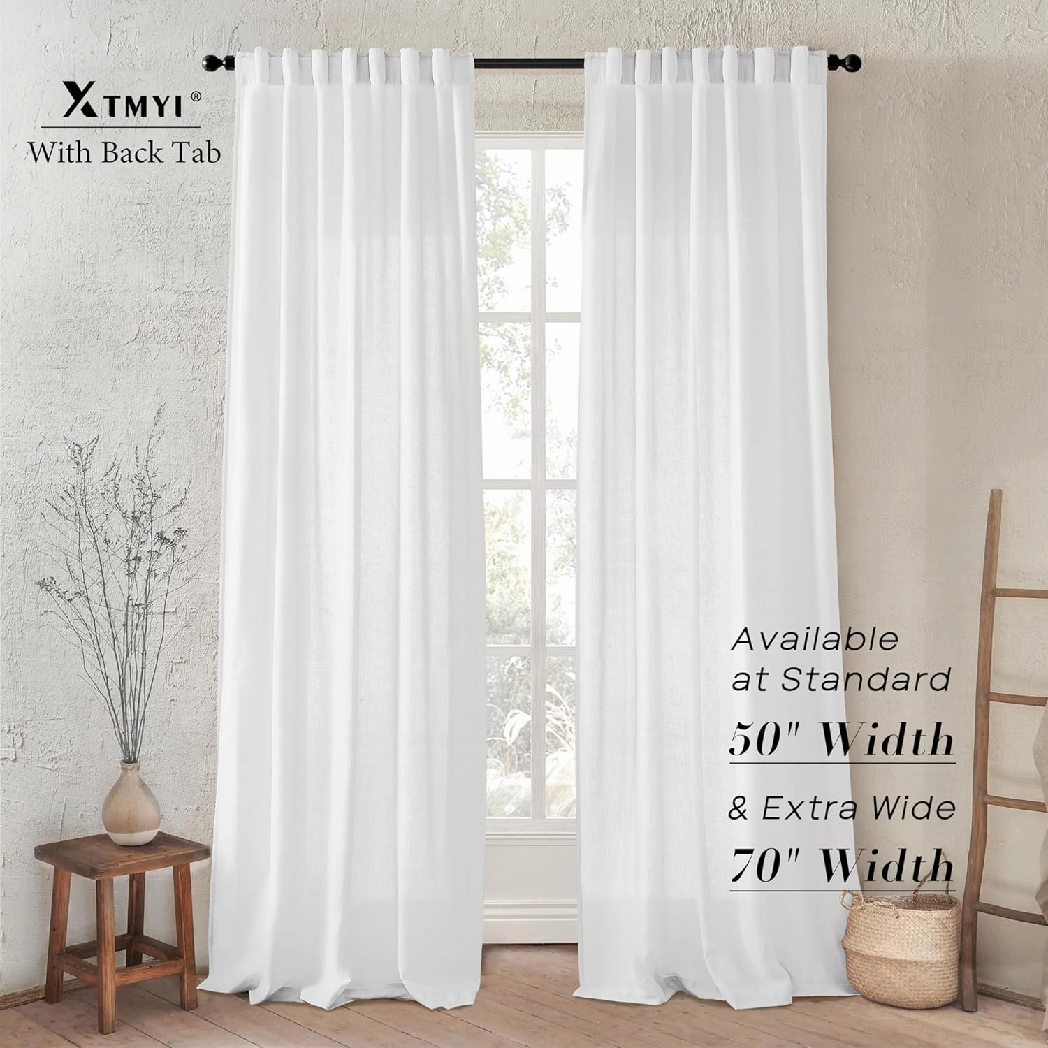 XTMYI White Curtains 90 Inches Long for Living Room 2 Panels Set Hook Tape Back Tab Linen Curtains for Bedroom,50x90 in Length