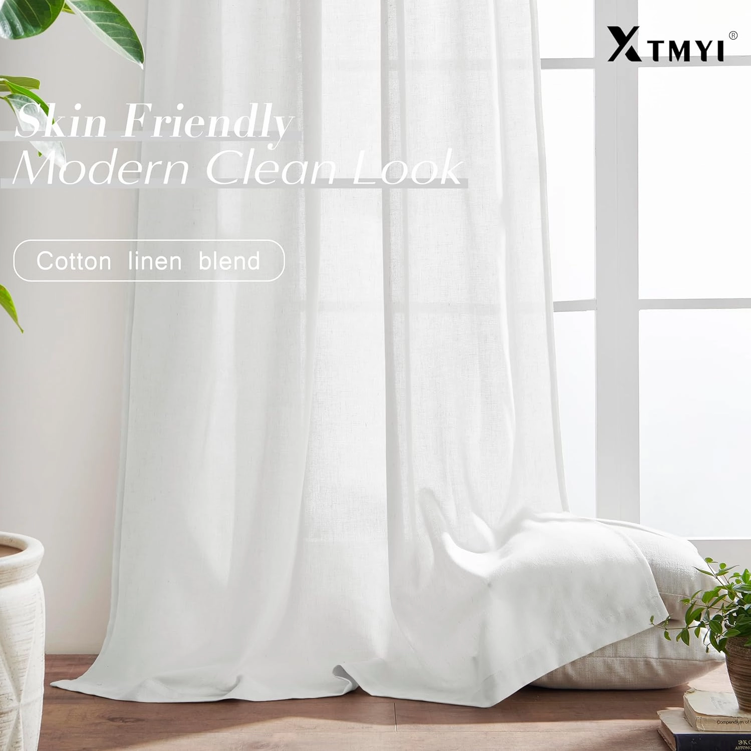 XTMYI White Curtains 90 Inches Long for Living Room 2 Panels Set Hook Tape Back Tab Linen Curtains for Bedroom,50x90 in Length