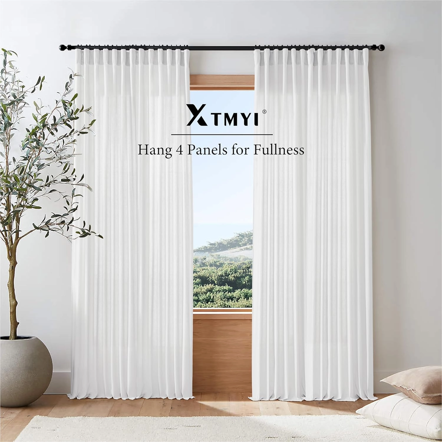 XTMYI White Curtains 90 Inches Long for Living Room 2 Panels Set Hook Tape Back Tab Linen Curtains for Bedroom,50x90 in Length