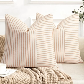 YCOLL Fall Pillow Covers 24x24, Modern Accent Throw Pillow Covers Set of 2, Burnt Orange Striped Patchwork Linen Decorative Pillows Cushion Covers for Fall Decorations