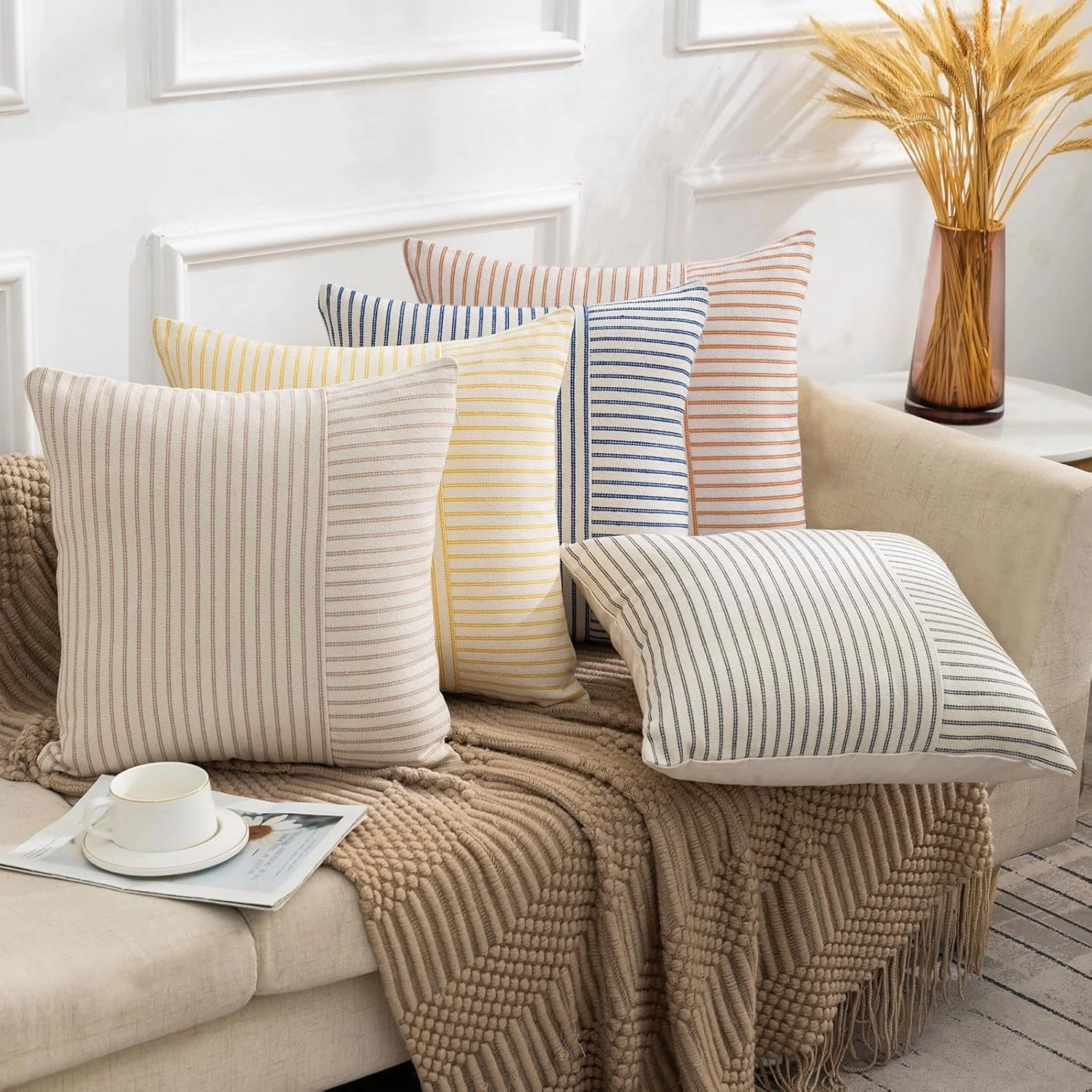 YCOLL Fall Pillow Covers 24x24, Modern Accent Throw Pillow Covers Set of 2, Burnt Orange Striped Patchwork Linen Decorative Pillows Cushion Covers for Fall Decorations