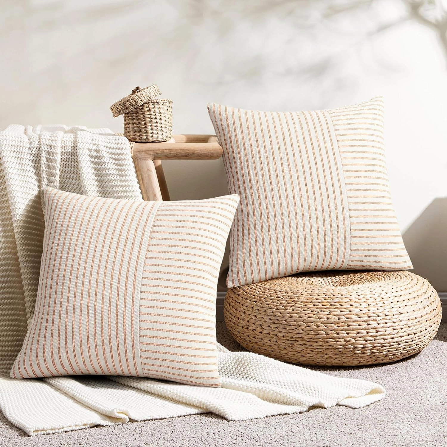 YCOLL Fall Pillow Covers 24x24, Modern Accent Throw Pillow Covers Set of 2, Burnt Orange Striped Patchwork Linen Decorative Pillows Cushion Covers for Fall Decorations