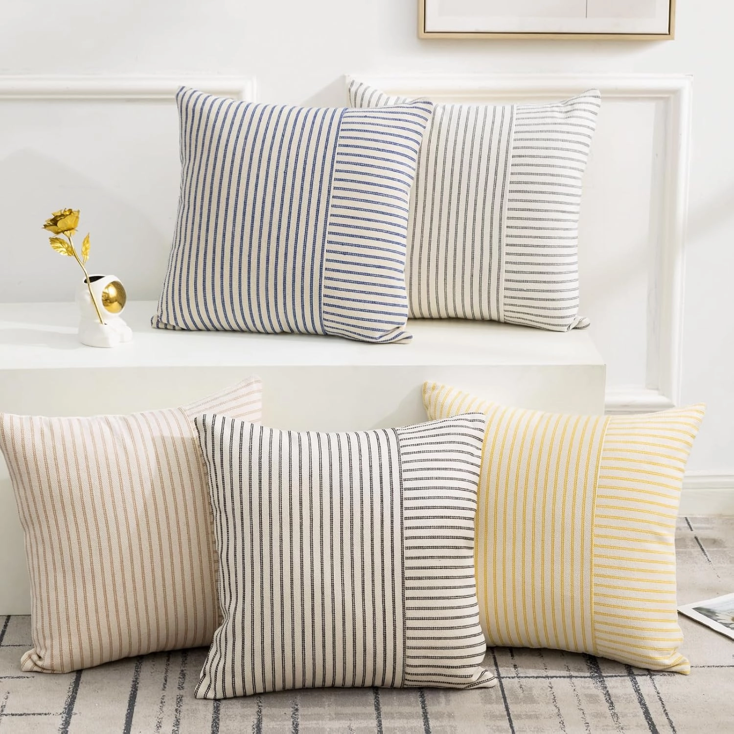 YCOLL Fall Pillow Covers 24x24, Modern Accent Throw Pillow Covers Set of 2, Burnt Orange Striped Patchwork Linen Decorative Pillows Cushion Covers for Fall Decorations