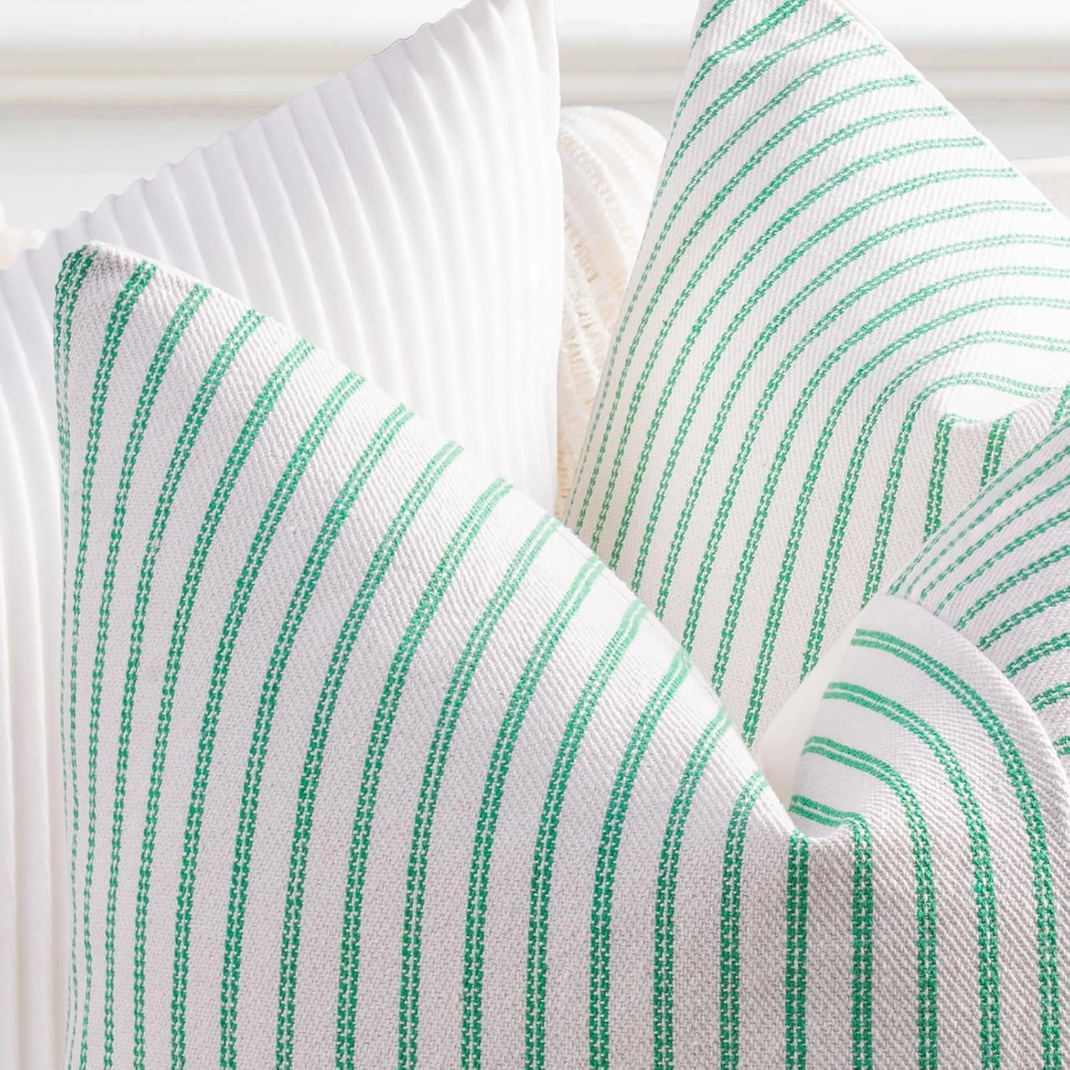 YCOLL Farmhouse Pillow Covers 24x24, Modern Accent Spring Throw Pillow Covers Set of 2, Green Striped Patchwork Linen Decorative Pillows Cushion Covers for Couch Bedroom Summer Home Decor