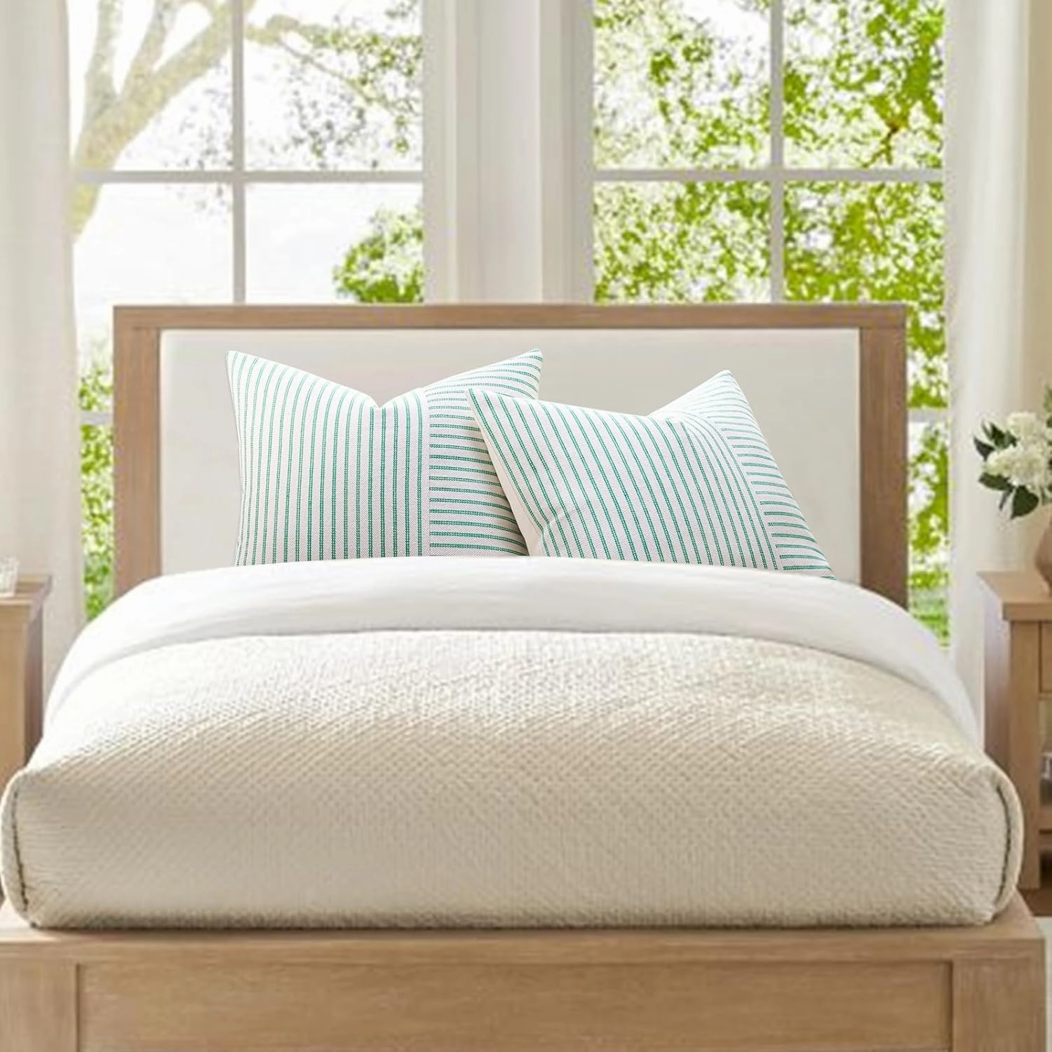 YCOLL Farmhouse Pillow Covers 24x24, Modern Accent Spring Throw Pillow Covers Set of 2, Green Striped Patchwork Linen Decorative Pillows Cushion Covers for Couch Bedroom Summer Home Decor