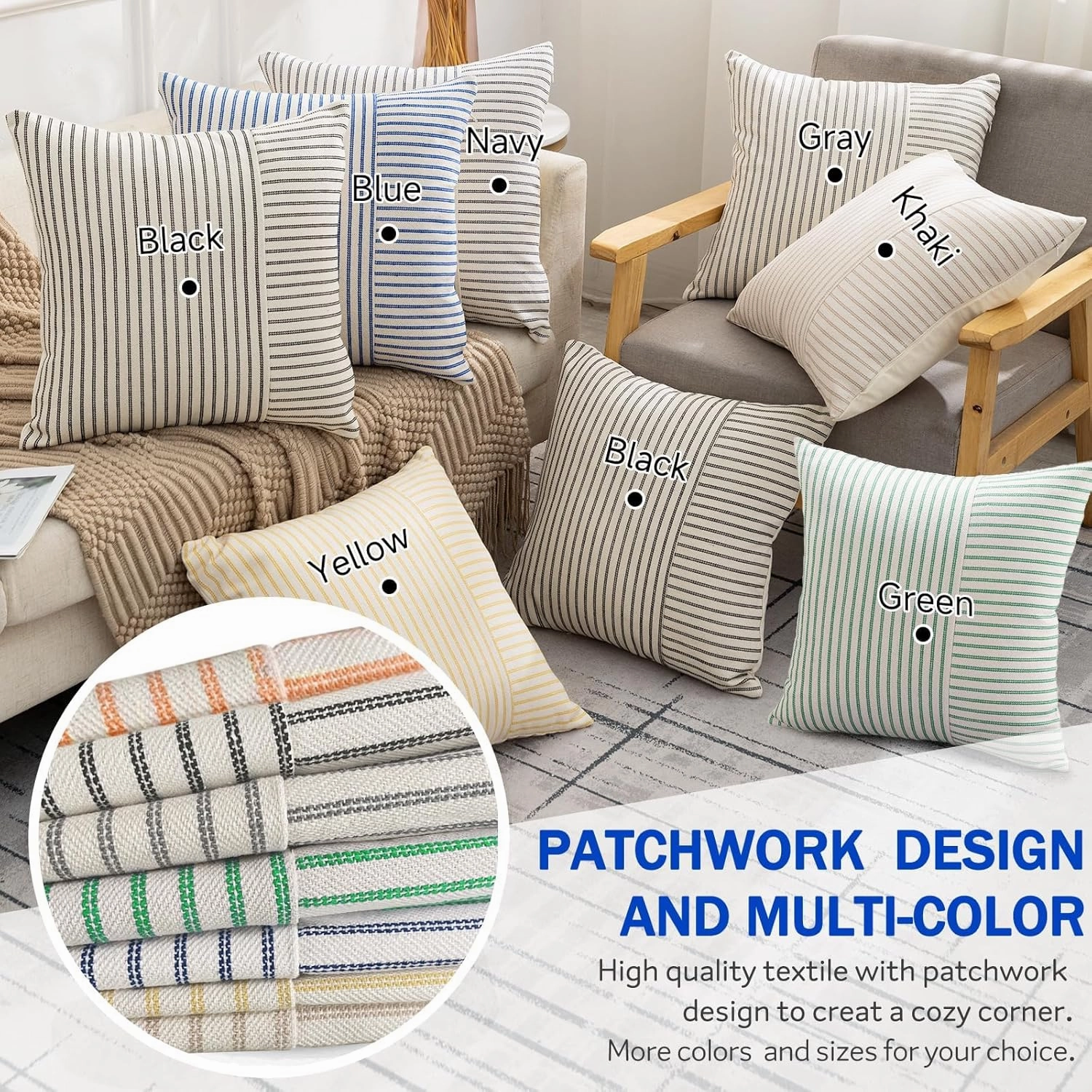YCOLL Farmhouse Pillow Covers 24x24, Modern Accent Spring Throw Pillow Covers Set of 2, Green Striped Patchwork Linen Decorative Pillows Cushion Covers for Couch Bedroom Summer Home Decor
