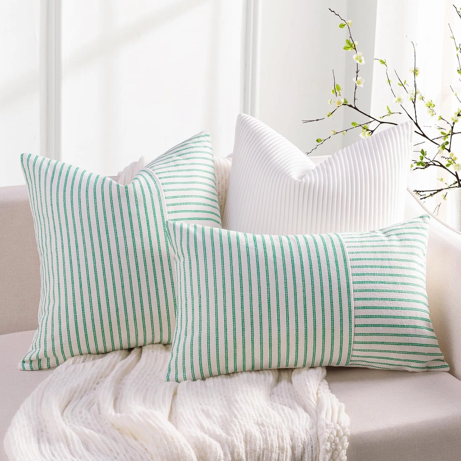 YCOLL Farmhouse Pillow Covers 24x24, Modern Accent Spring Throw Pillow Covers Set of 2, Green Striped Patchwork Linen Decorative Pillows Cushion Covers for Couch Bedroom Summer Home Decor