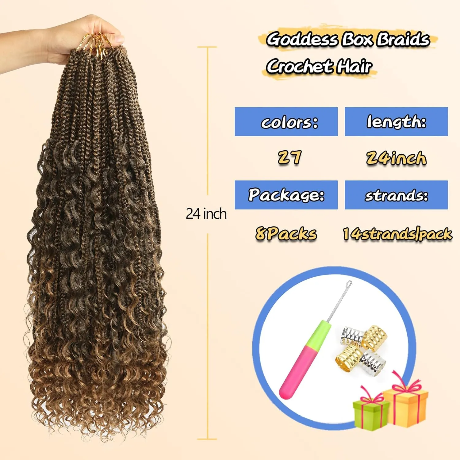 YEBO Goddess Box Braids Crochet Hair for Black Women Crochet Box Braids Pre-looped Boho Box Braids Crochet Braids Synthetic Braiding Hair(24 Inch (Pack of 8), T27)