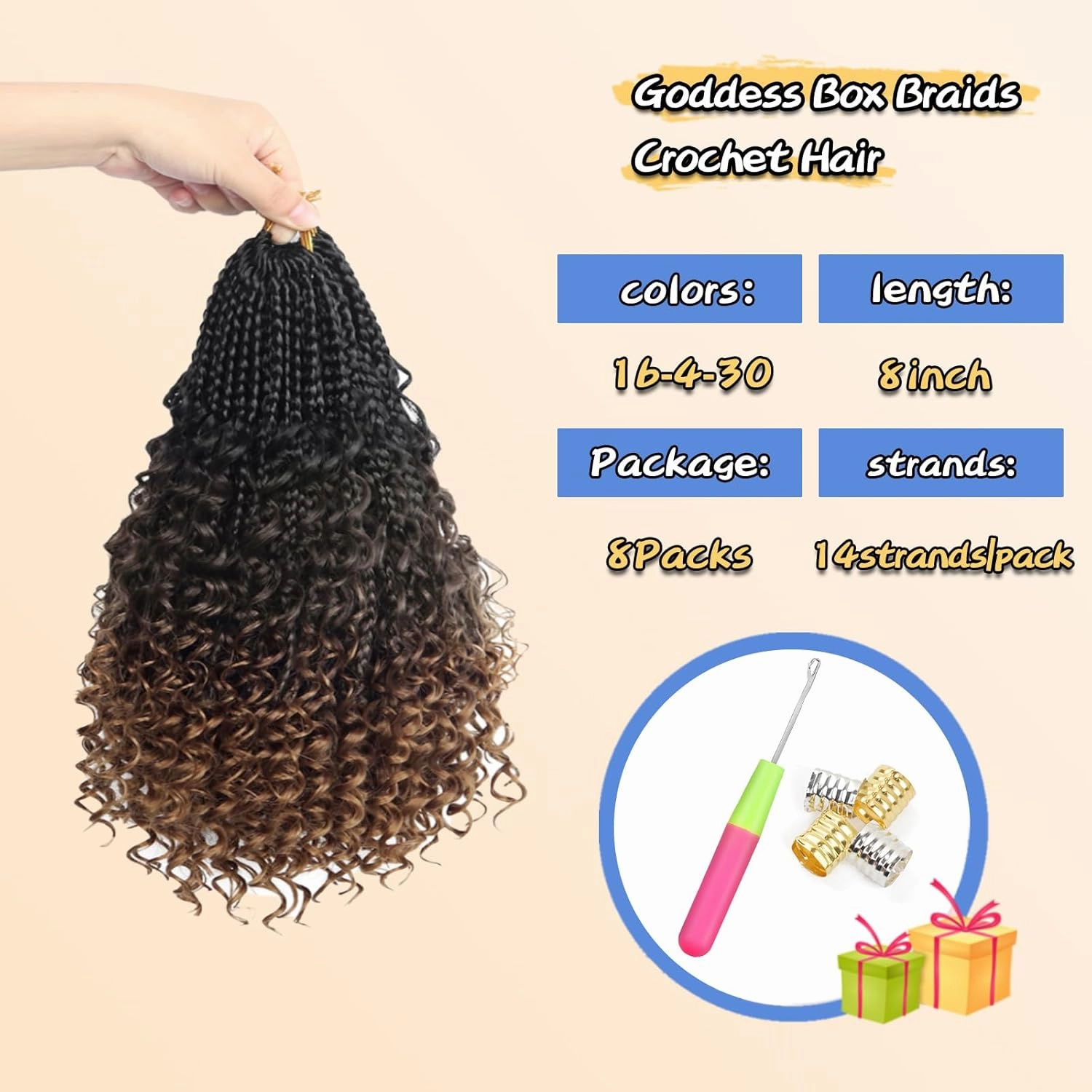 Yebo Boho Box Braids Crochet Hair 8 Inch Pre-looped Goddess Box Braids Crochet Hair Bohemian Crochet Boho Crochet Braids With Curly Ends Synthetic Crochet Hair For Kids(8 Inch (Pack of 8), 1B-4-30)