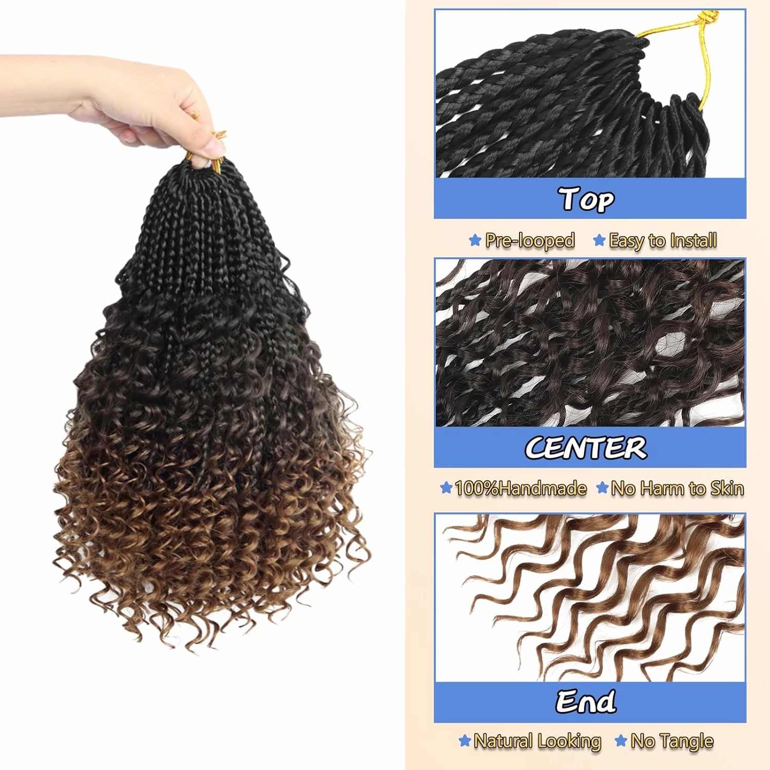 Yebo Boho Box Braids Crochet Hair 8 Inch Pre-looped Goddess Box Braids Crochet Hair Bohemian Crochet Boho Crochet Braids With Curly Ends Synthetic Crochet Hair For Kids(8 Inch (Pack of 8), 1B-4-30)