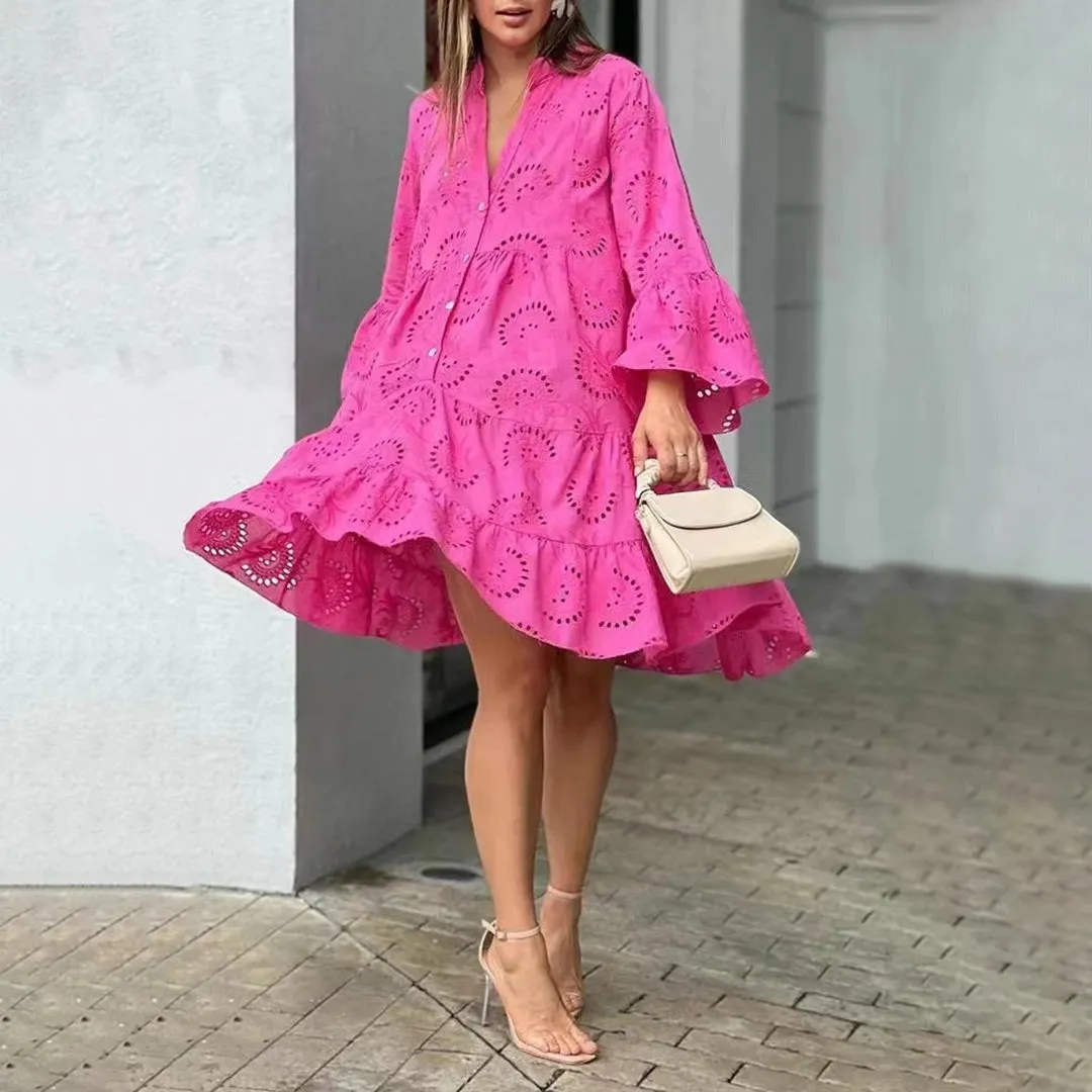 Yellow Long Sleeve Eyelet Dress - Lightweight Cotton for Spring