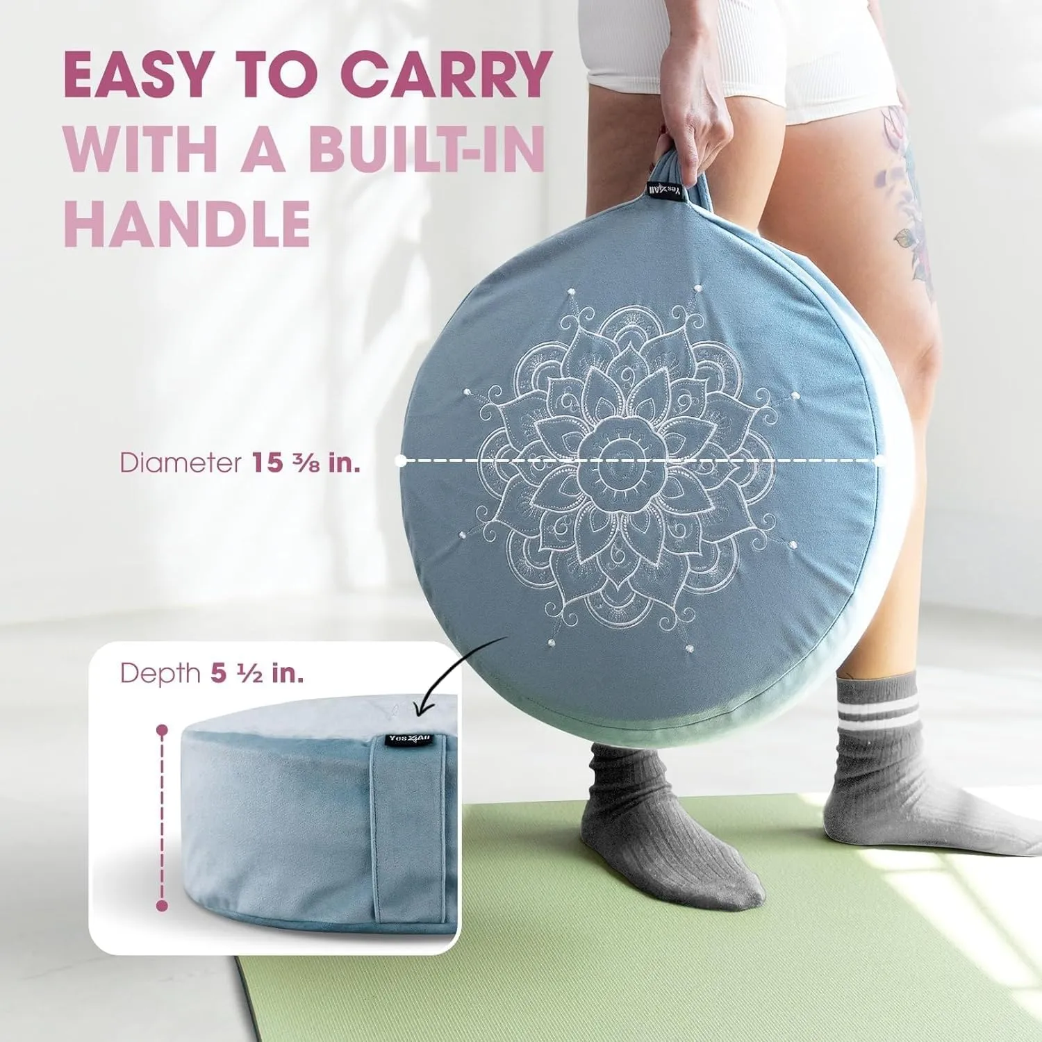 Yes4All Foam Zafu Buckwheat, Mandala Pattern Yoga Bolster Pillows, Floor Meditation Cushion, A. Sky Blue-Upgraded