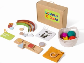 Youuys Montessori Toy Set for Babies 0-6 Months - 5-in-1 Learning Educational Play Kit with Sensory Balls, Wooden Baby Mobile, Baby Handkerchief, Shape Puzzles & Vision Cards.