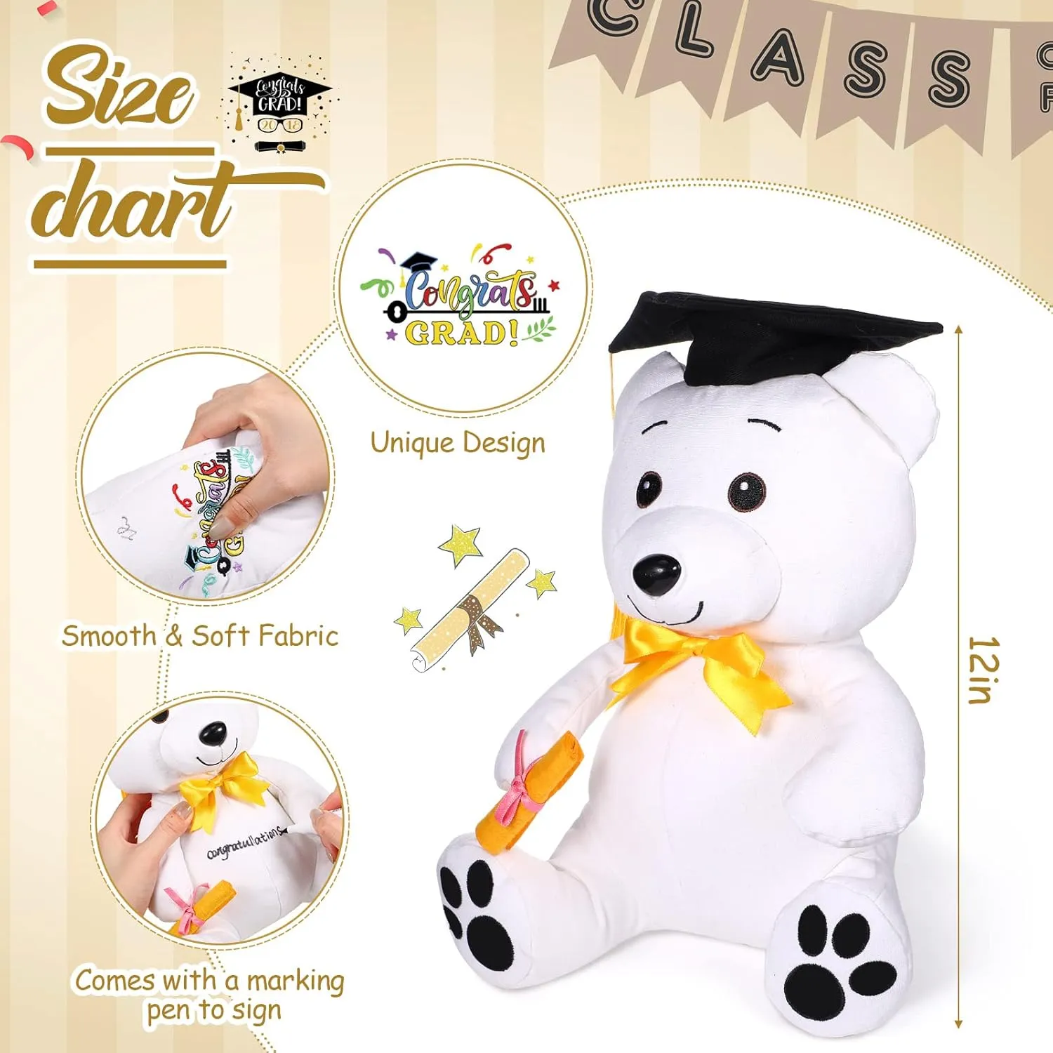 Zomiboo 12 Inch Graduation Autograph Stuffed Animal White Smooth Fabric Stuffed Toy with Congrats Grad Plush Autograph Stuffed Animal with Black Marking Pen for Graduate Student Party Stuff (Bear)