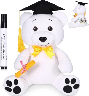 Zomiboo 12 Inch Graduation Autograph Stuffed Animal White Smooth Fabric Stuffed Toy with Congrats Grad Plush Autograph Stuffed Animal with Black Marking Pen for Graduate Student Party Stuff (Bear)