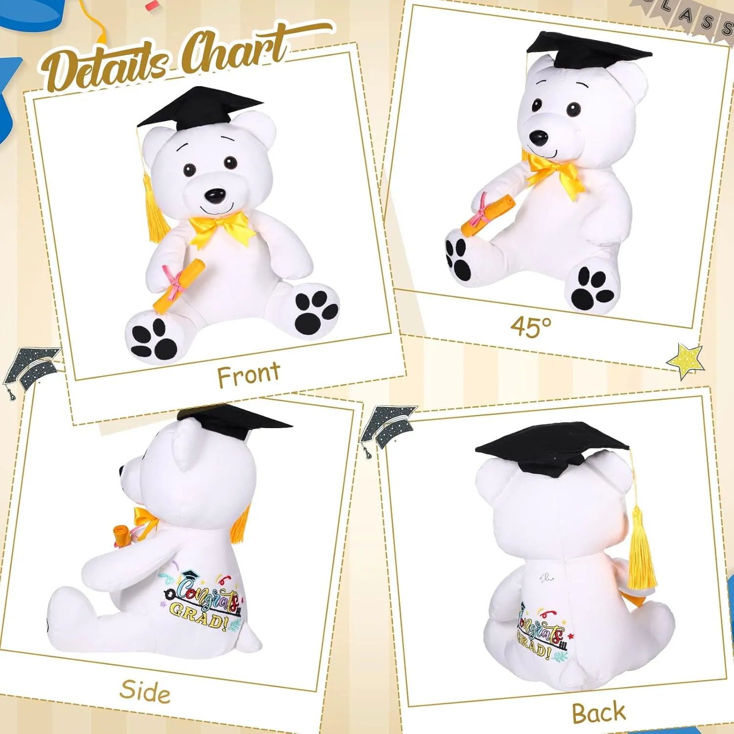 Zomiboo 12 Inch Graduation Autograph Stuffed Animal White Smooth Fabric Stuffed Toy with Congrats Grad Plush Autograph Stuffed Animal with Black Marking Pen for Graduate Student Party Stuff (Bear)