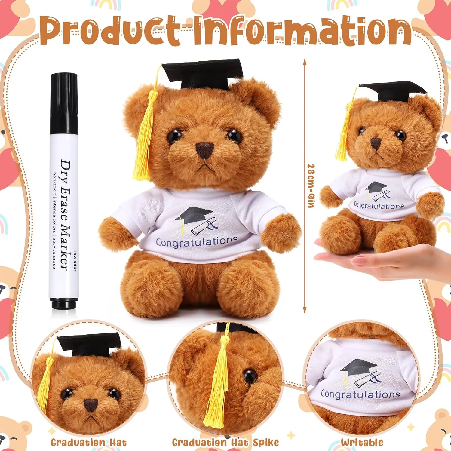 Zomiboo Graduation Autograph Stuffed Animal 2025 Smooth Fabric Stuffed Toy with Congrats Grad Plush Autograph Stuffed Animal with Black Marking Pen for Graduate Student Party(Fluffy Bear)