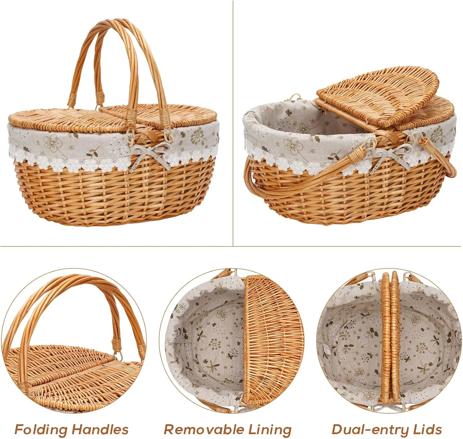 ZORMY Wicker Picnic Baskets with Removable Liner, Empty Picnic Basket with Lid, Picnic Hamper with Folding Woven Handles for Picnic, Camping, Outdoor, Halloween, Thanks Giving - WhiteKapok
